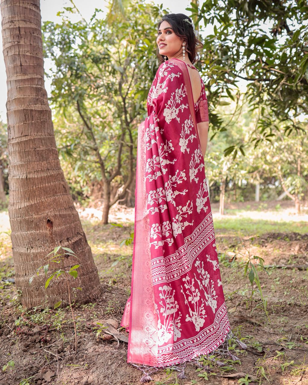 Pure Silk Digital Printed Rani Pink Saree with Brocade Blouse Colorful Saree