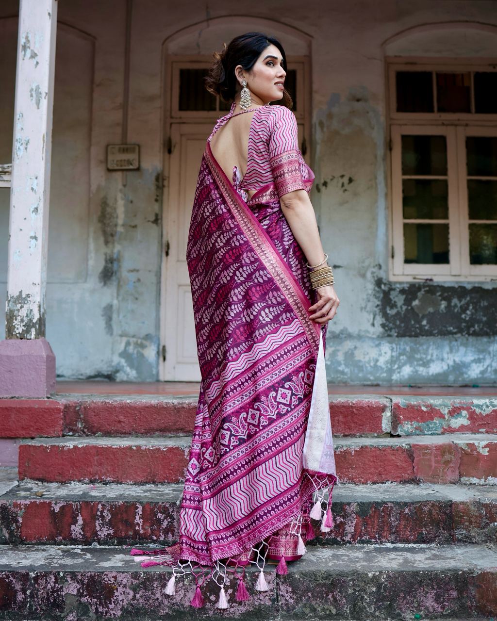 Pure Silk Digital Printed Rani Pink Saree with Brocade Blouse Colorful Saree