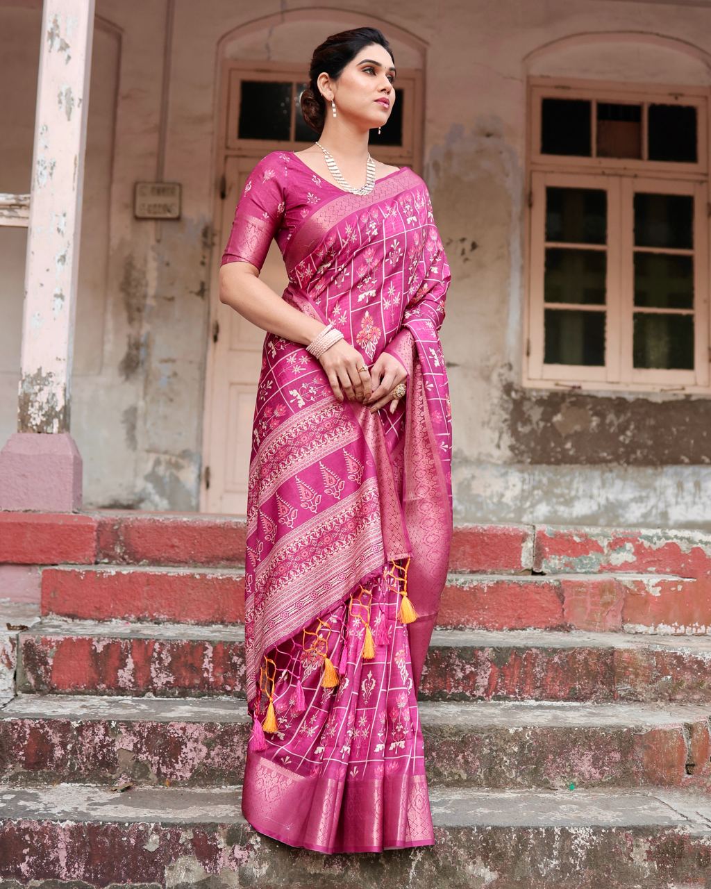 Pure Silk Digital Printed Rani Pink Saree with Brocade Blouse Colorful Saree