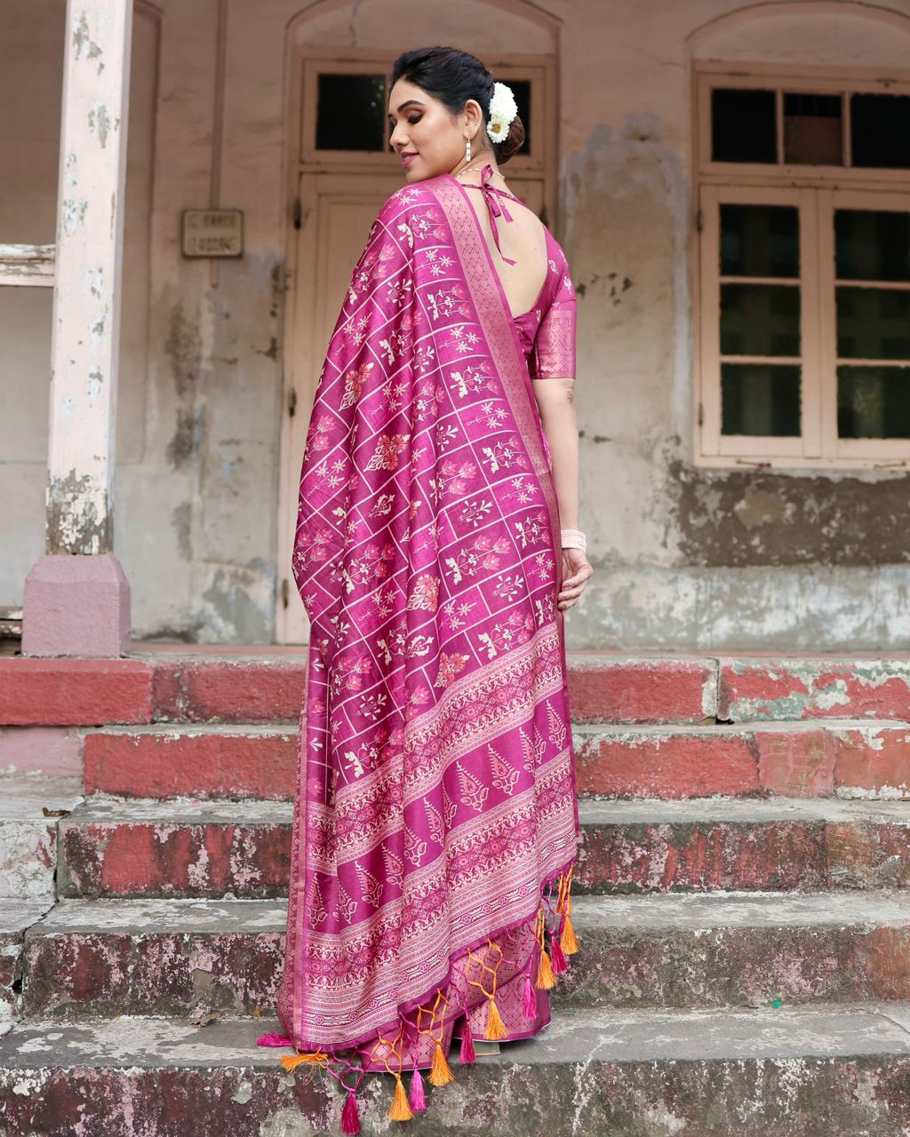 Pure Silk Digital Printed Rani Pink Saree with Brocade Blouse Colorful Saree