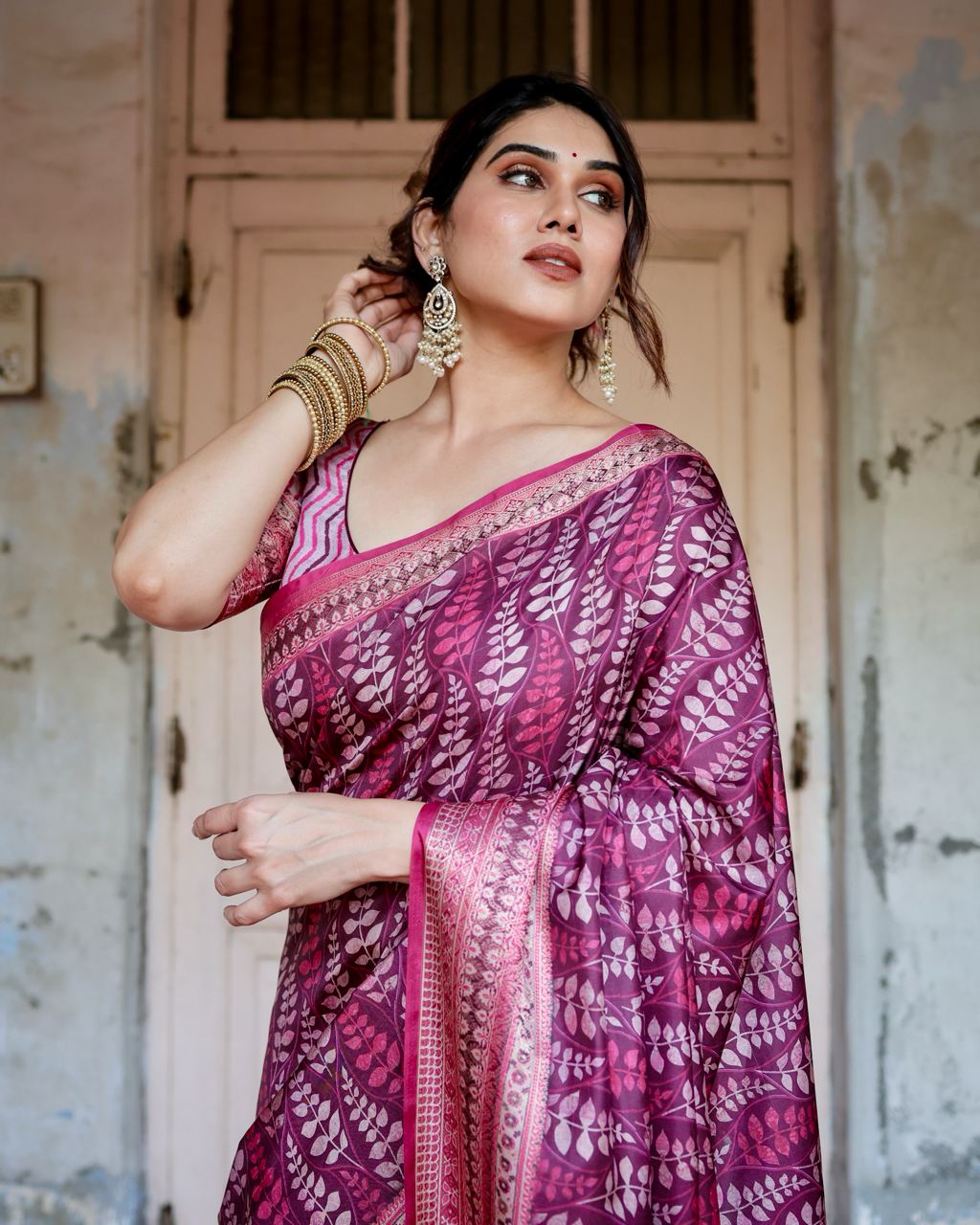 Pure Silk Digital Printed Rani Pink Saree with Brocade Blouse Colorful Saree