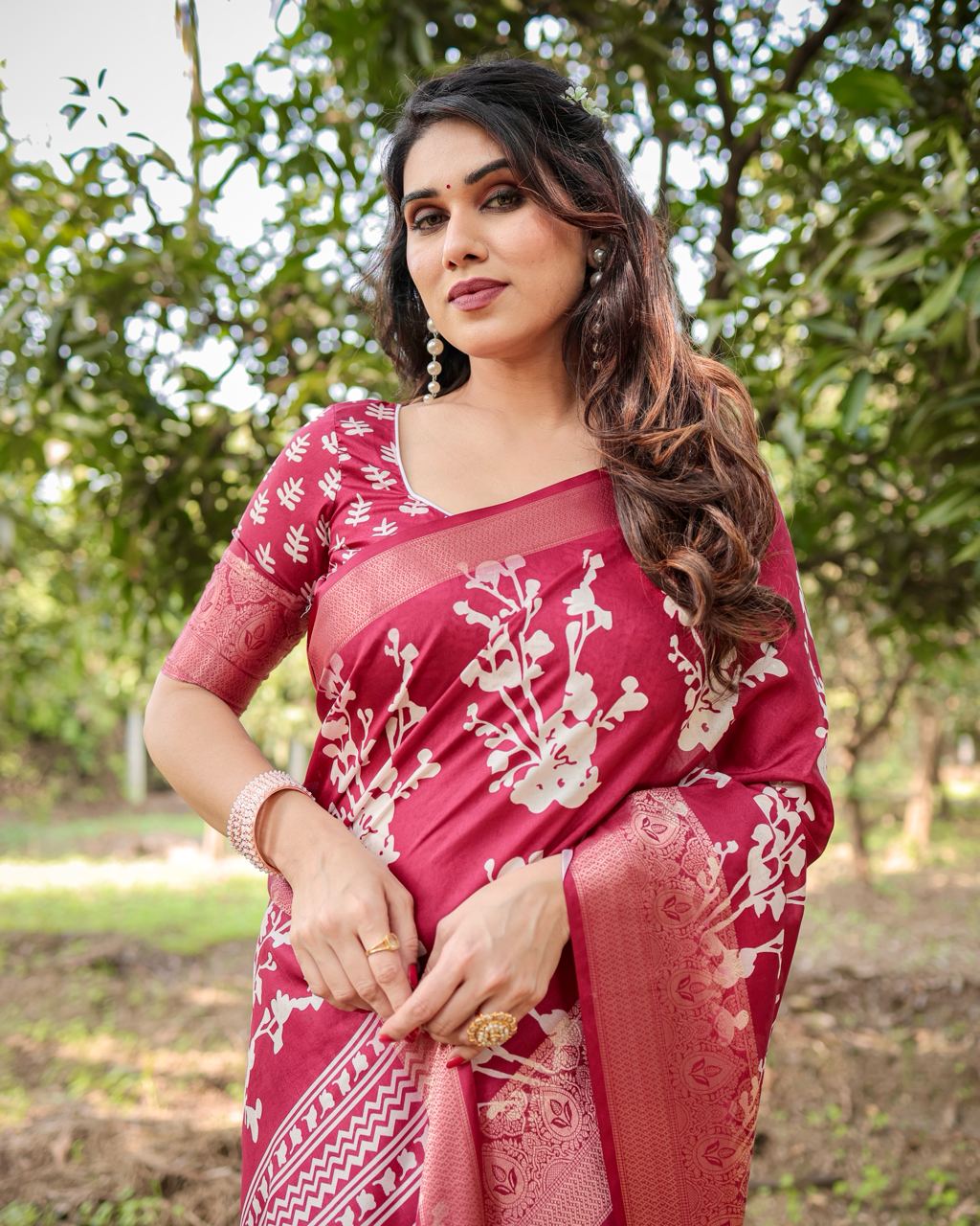 Pure Silk Digital Printed Rani Pink Saree with Brocade Blouse Colorful Saree