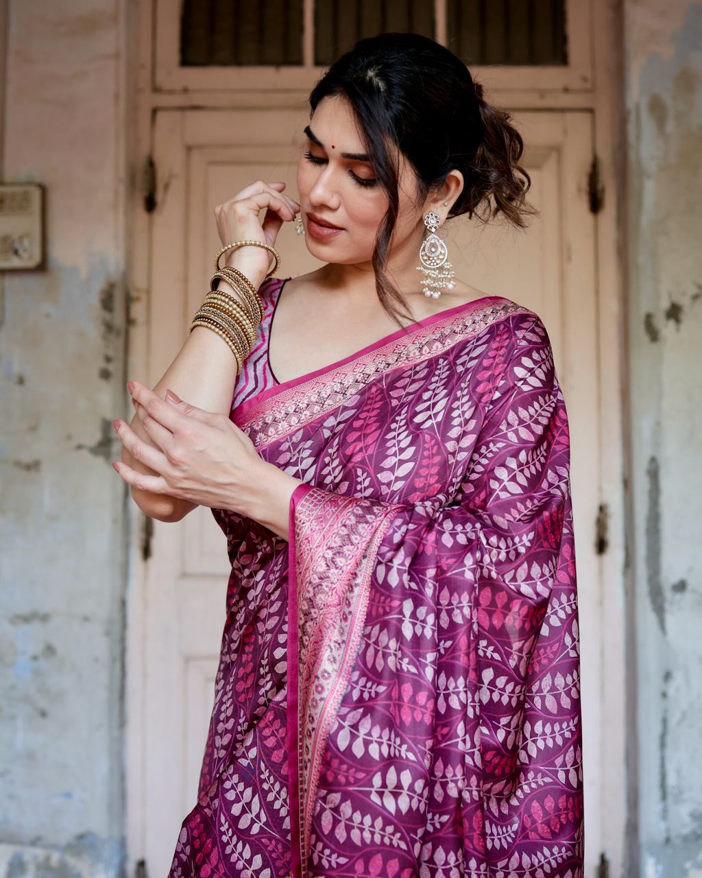 Pure Silk Digital Printed Rani Pink Saree with Brocade Blouse Colorful Saree