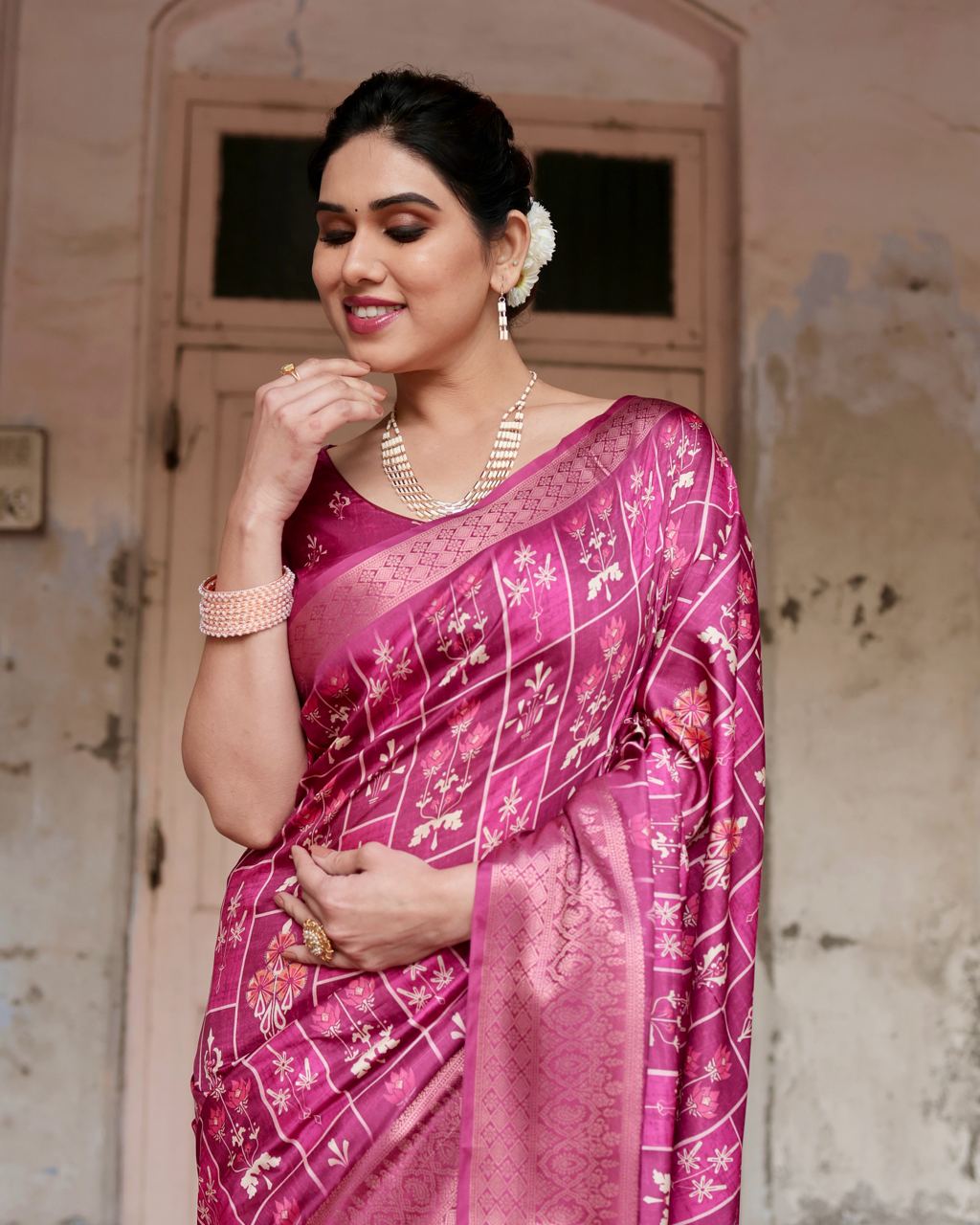 Pure Silk Digital Printed Rani Pink Saree with Brocade Blouse Colorful Saree