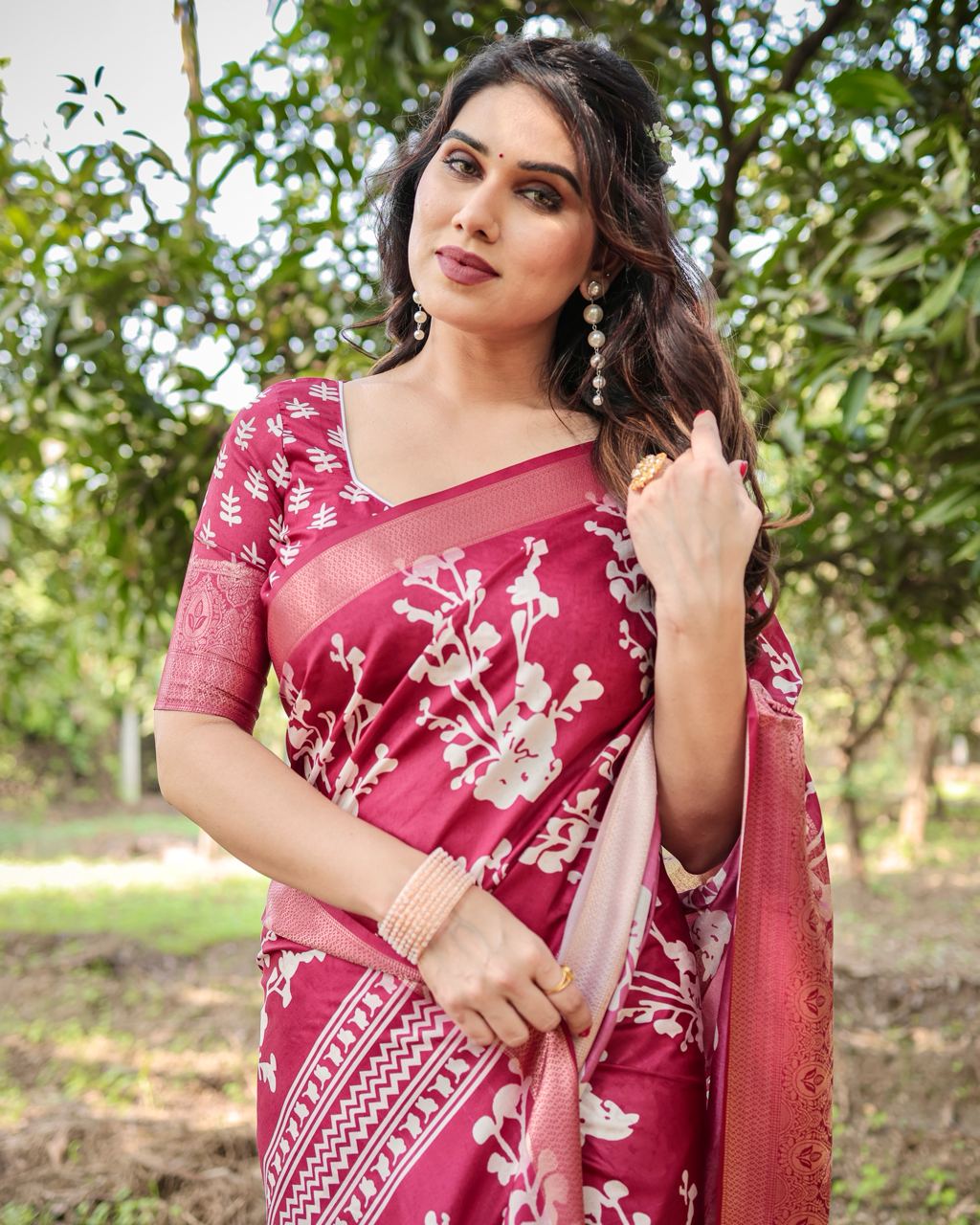 Pure Silk Digital Printed Rani Pink Saree with Brocade Blouse Colorful Saree