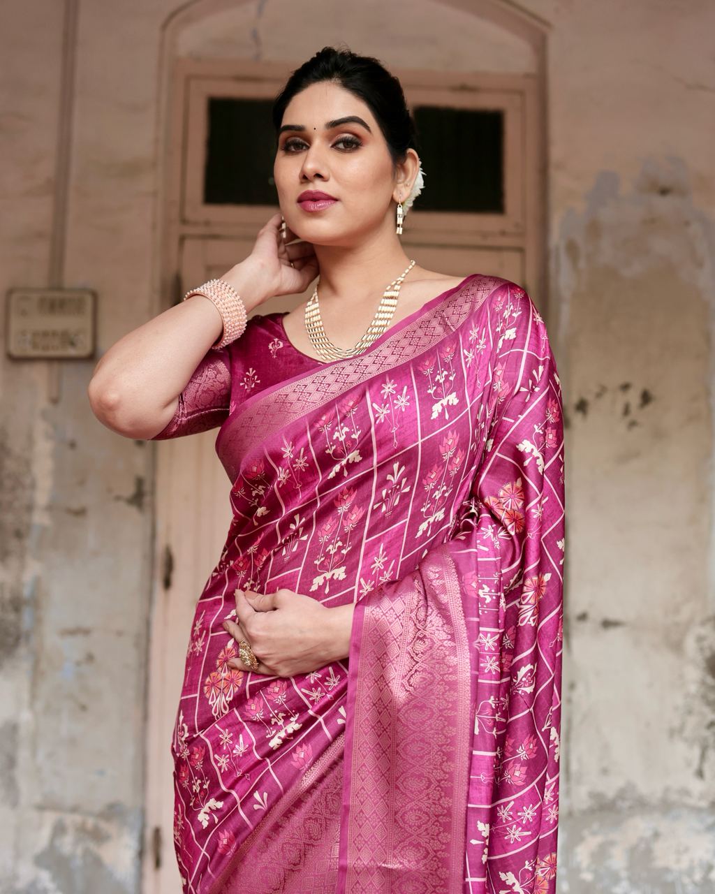 Pure Silk Digital Printed Rani Pink Saree with Brocade Blouse Colorful Saree