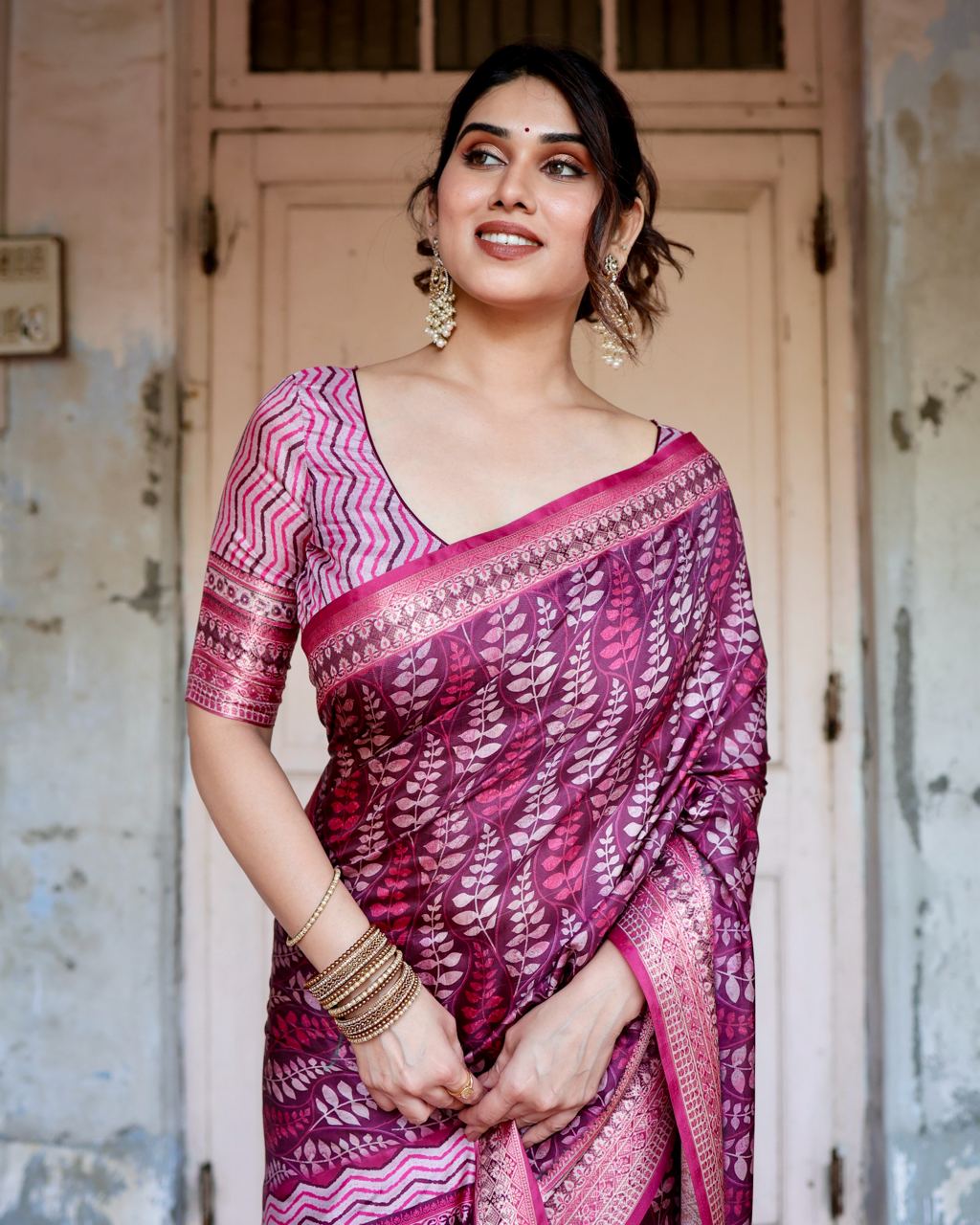 Pure Silk Digital Printed Rani Pink Saree with Brocade Blouse Colorful Saree