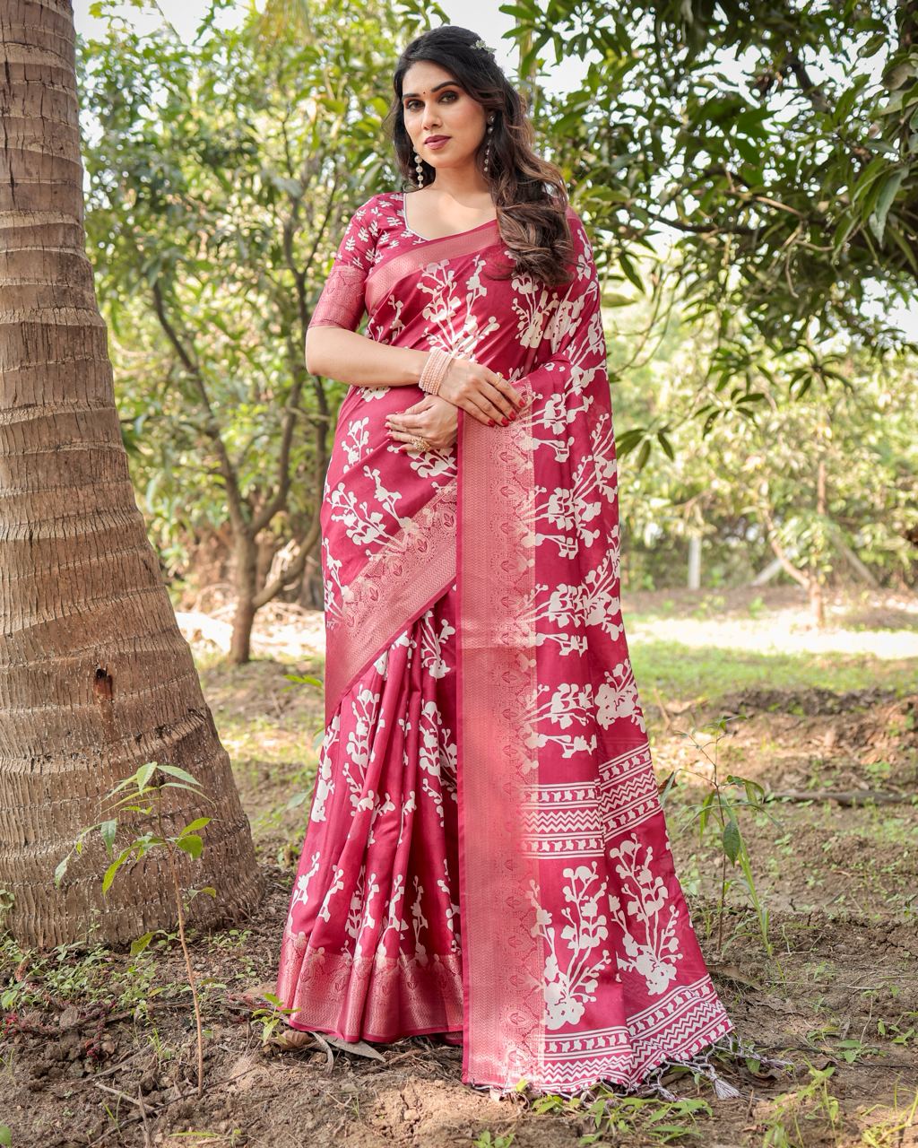 Pure Silk Digital Printed Rani Pink Saree with Brocade Blouse Colorful Saree