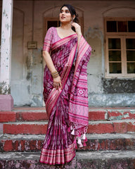 Pure Silk Digital Printed Rani Pink Saree with Brocade Blouse Colorful Saree