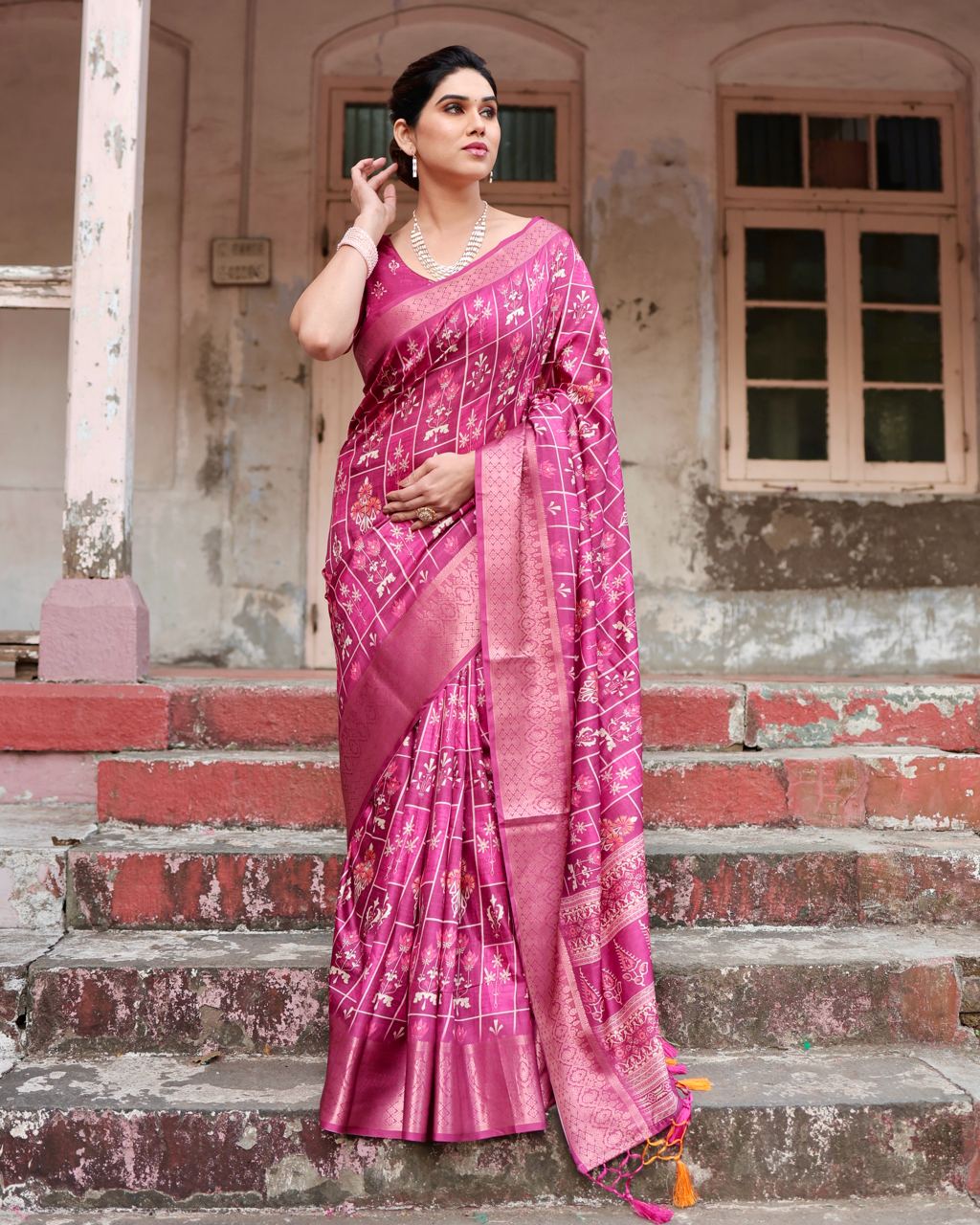 Pure Silk Digital Printed Rani Pink Saree with Brocade Blouse Colorful Saree