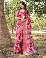 Pure Silk Digital Printed Rani Pink Saree with Brocade Blouse Colorful Saree