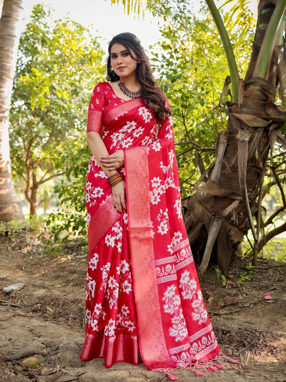 Pure Silk Digital Printed Red Saree with Brocade Blouse Colorful Saree