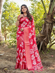 Pure Silk Digital Printed Red Saree with Brocade Blouse Colorful Saree