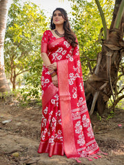 Pure Silk Digital Printed Red Saree with Brocade Blouse Colorful Saree