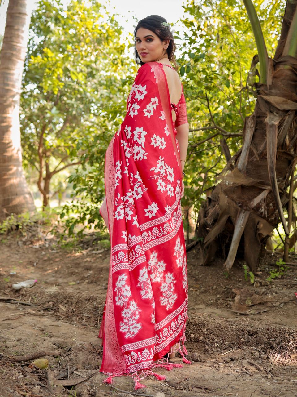 Pure Silk Digital Printed Red Saree with Brocade Blouse Colorful Saree