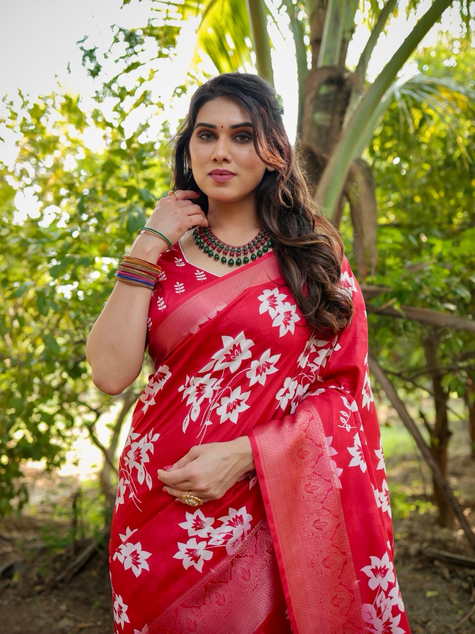 Pure Silk Digital Printed Red Saree with Brocade Blouse Colorful Saree