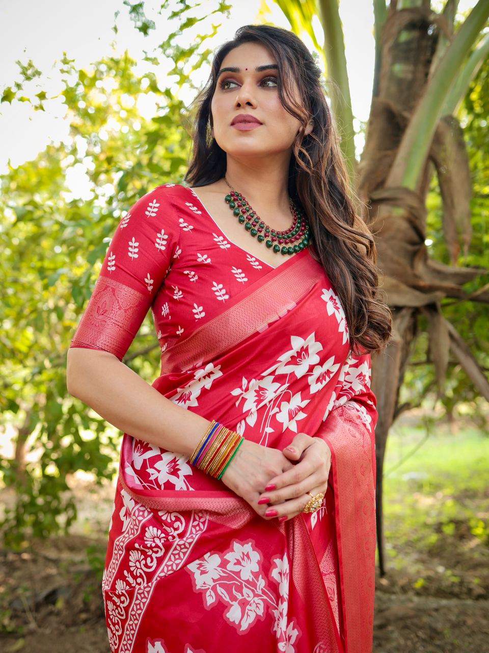 Pure Silk Digital Printed Red Saree with Brocade Blouse Colorful Saree