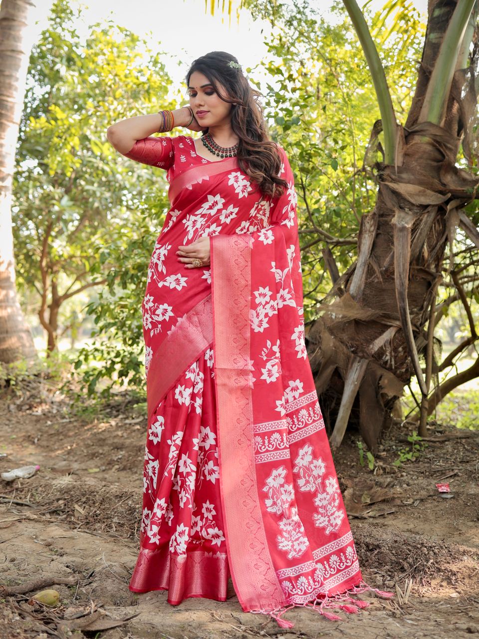 Pure Silk Digital Printed Red Saree with Brocade Blouse Colorful Saree