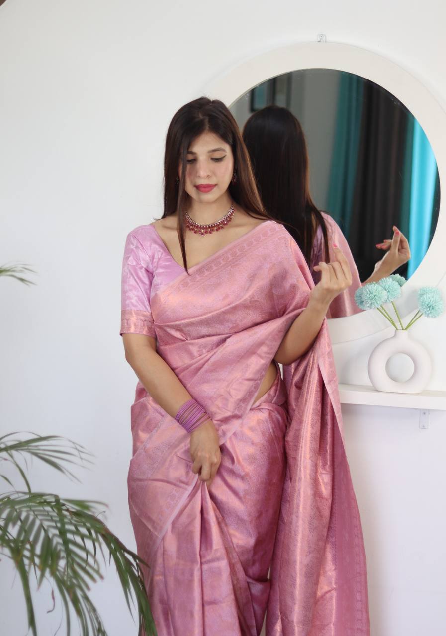 Pure Silk Digital Printed Rose Pink Saree with Brocade Blouse Colorful Saree