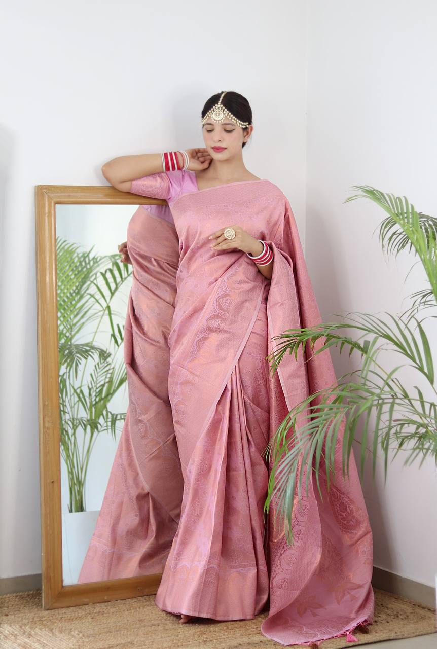 Pure Silk Digital Printed Rose Pink Saree with Brocade Blouse Colorful Saree