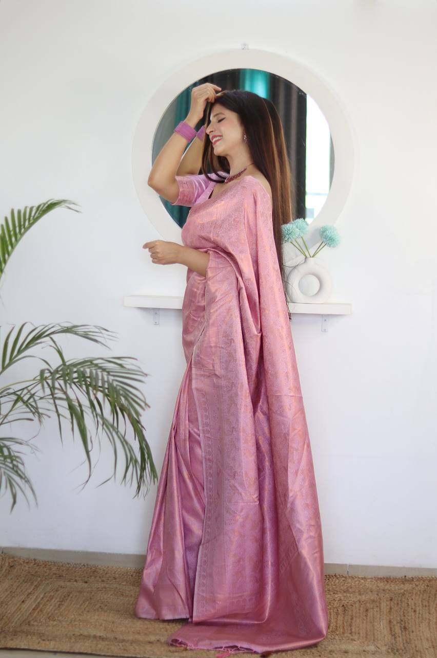 Pure Silk Digital Printed Rose Pink Saree with Brocade Blouse Colorful Saree