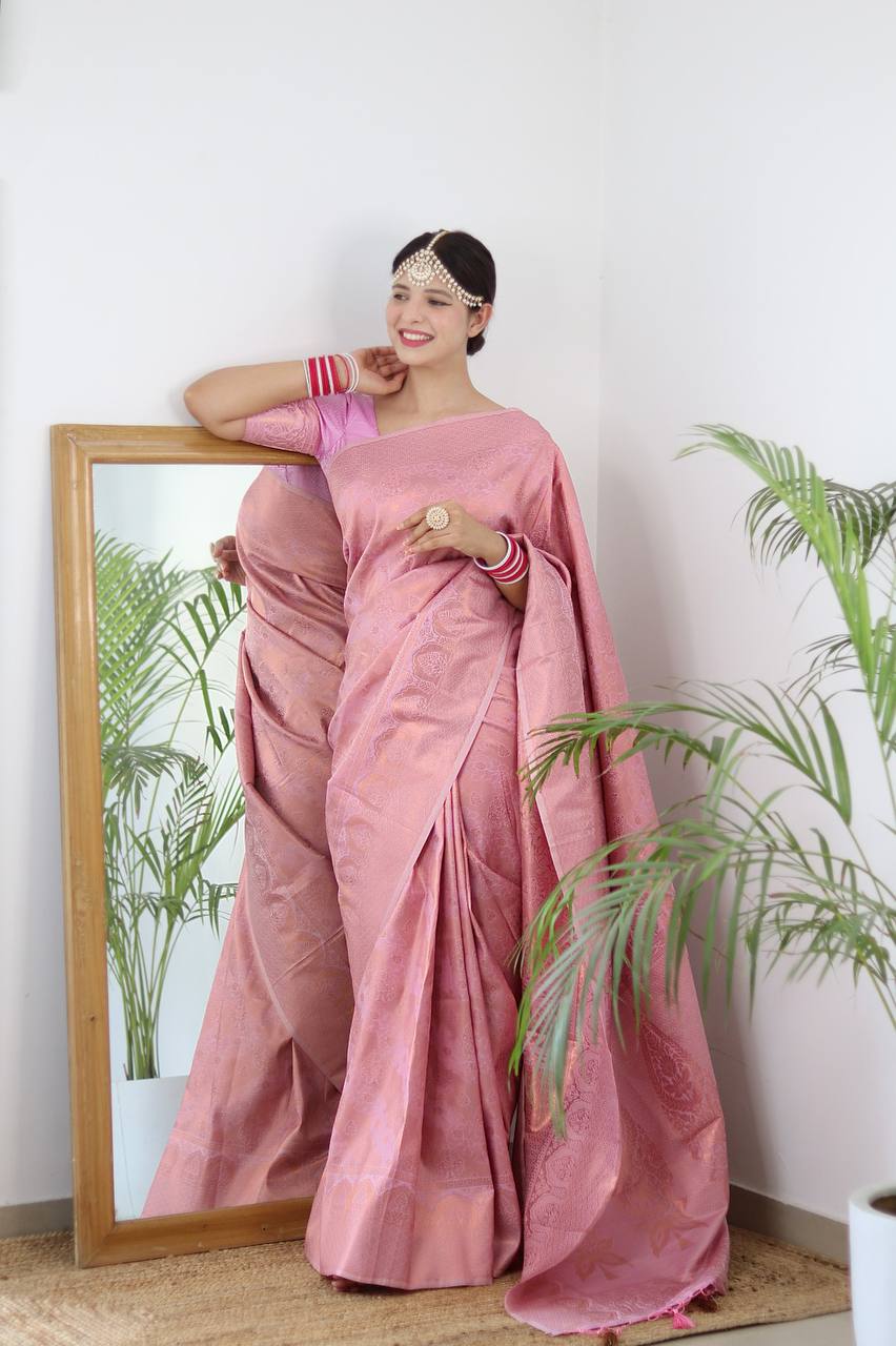 Pure Silk Digital Printed Rose Pink Saree with Brocade Blouse Colorful Saree