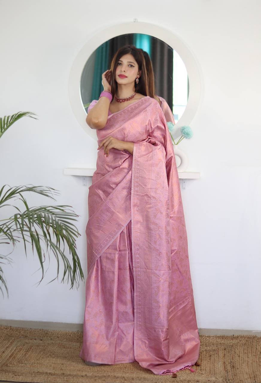 Pure Silk Digital Printed Rose Pink Saree with Brocade Blouse Colorful Saree