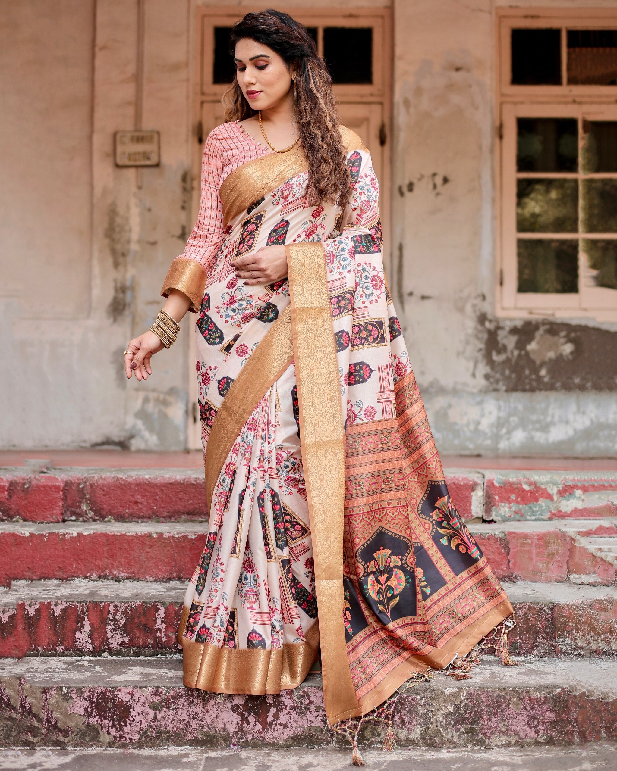 Pure Silk Digital Printed Saree with Brocade Blouse Colorful Saree