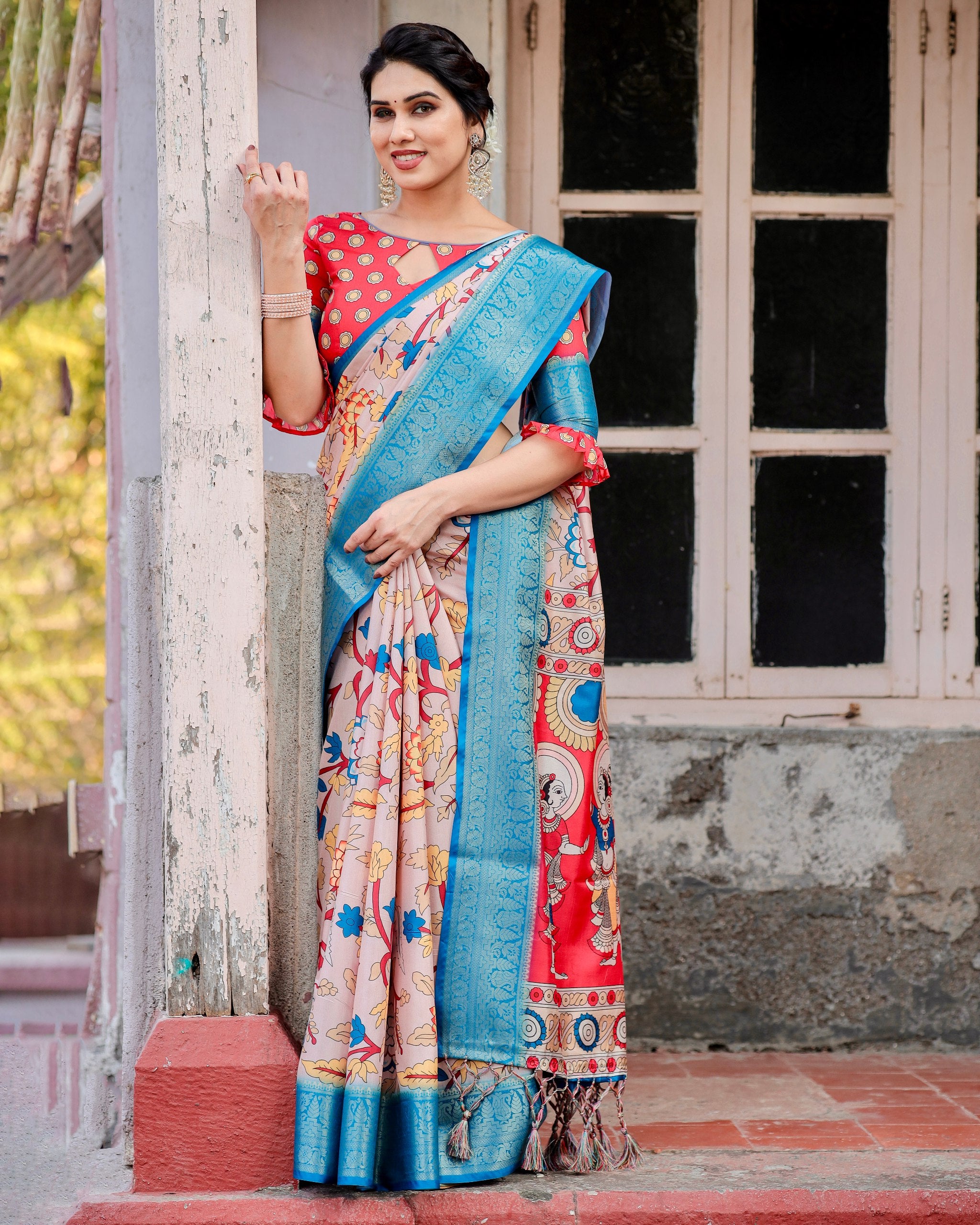 Pure Silk Digital Printed Saree with Brocade Blouse and Enchanting Tassels Colorful Saree