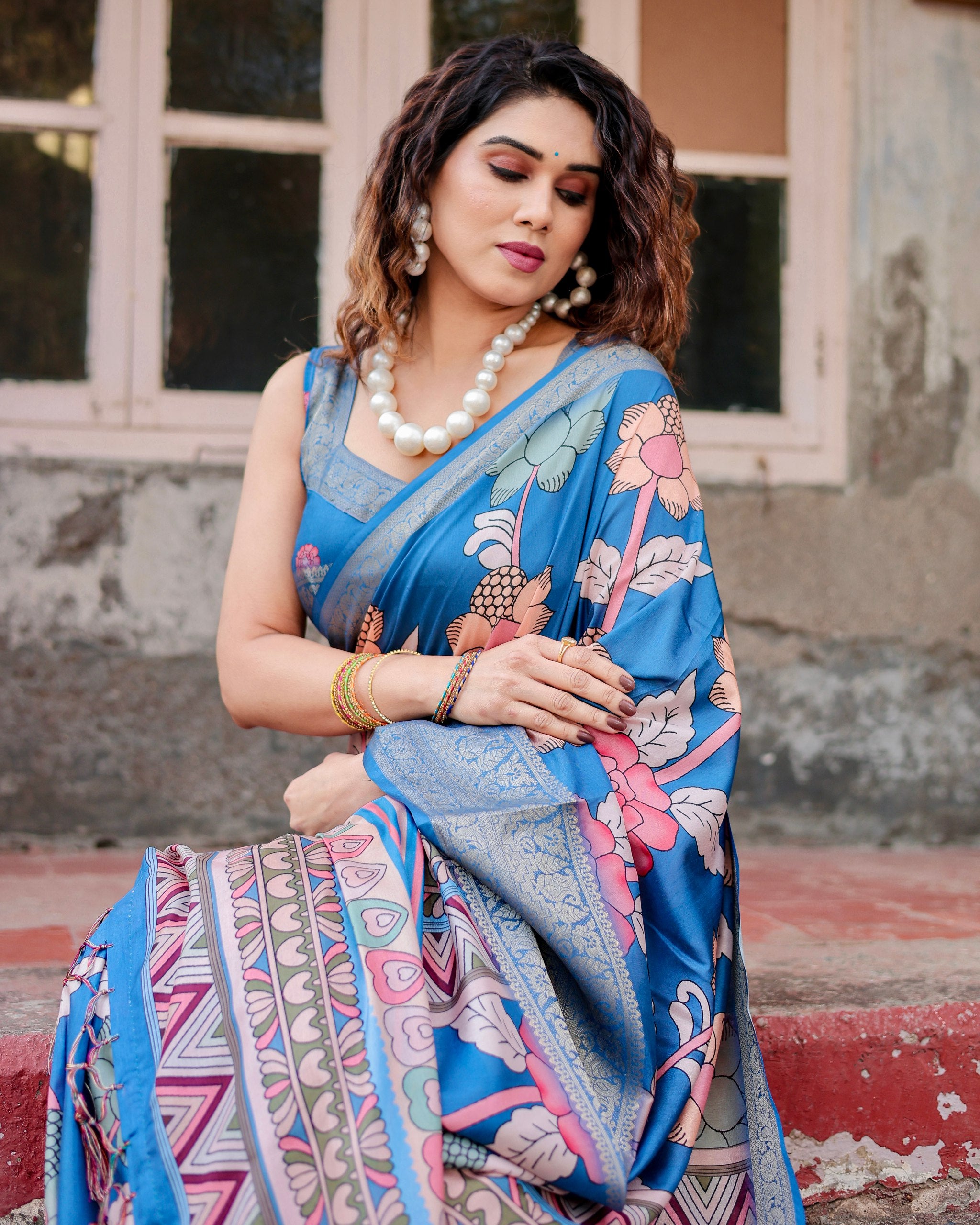 Pure Silk Digital Printed Saree with Brocade Blouse Colorful Saree