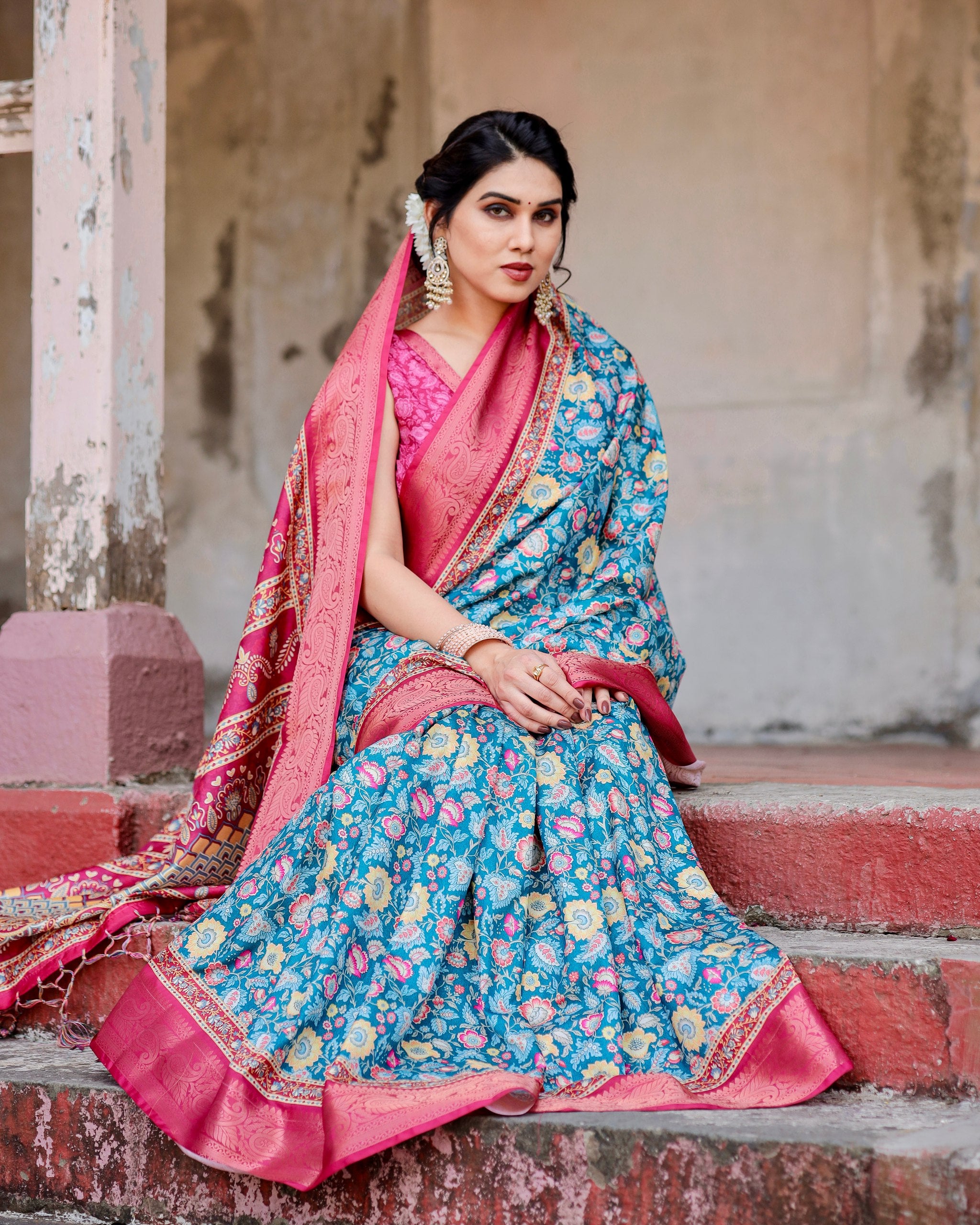 Pure Silk Digital Printed Saree with Brocade Blouse Colorful Saree