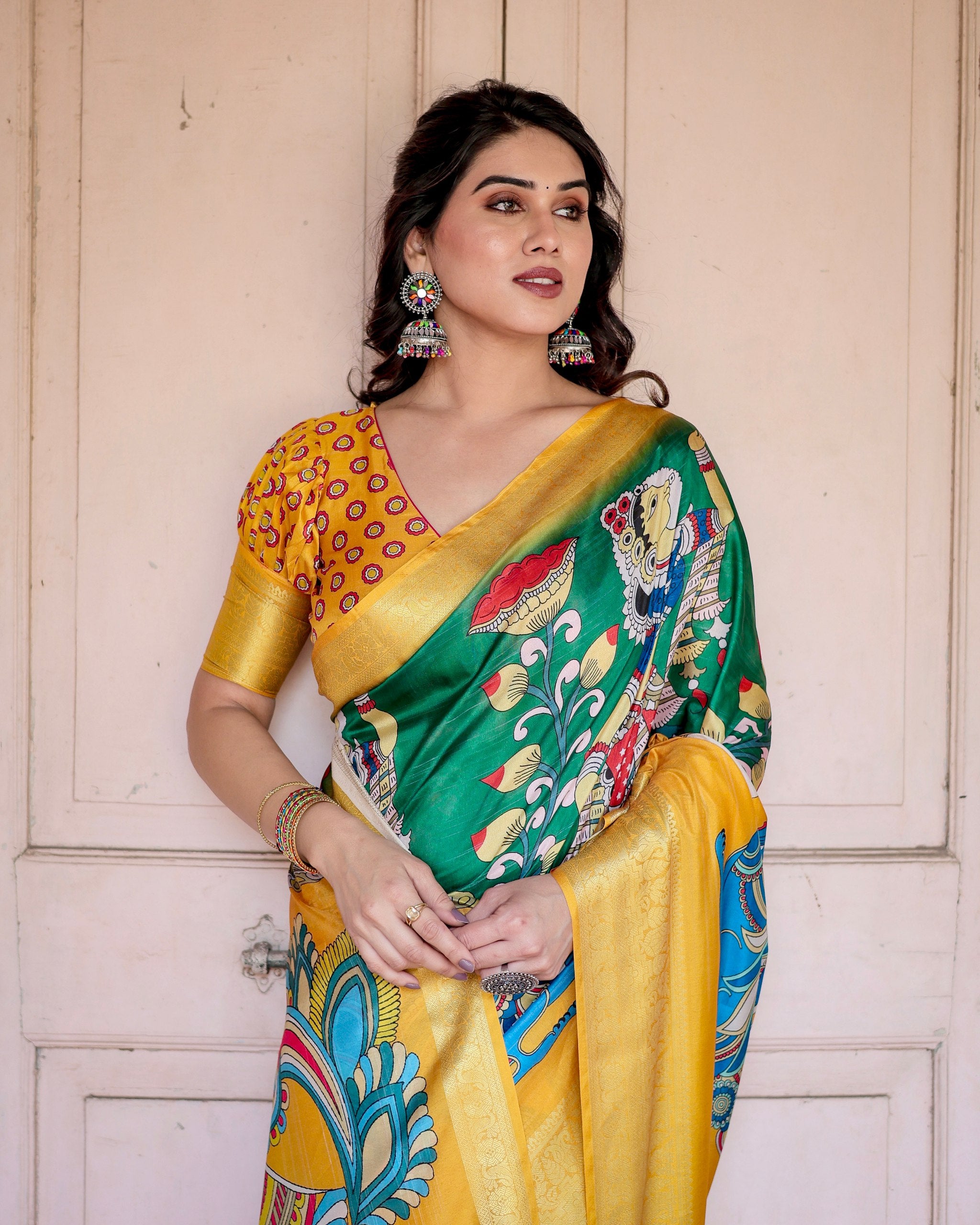 Pure Silk Digital Printed Saree with Brocade Blouse Colorful Saree