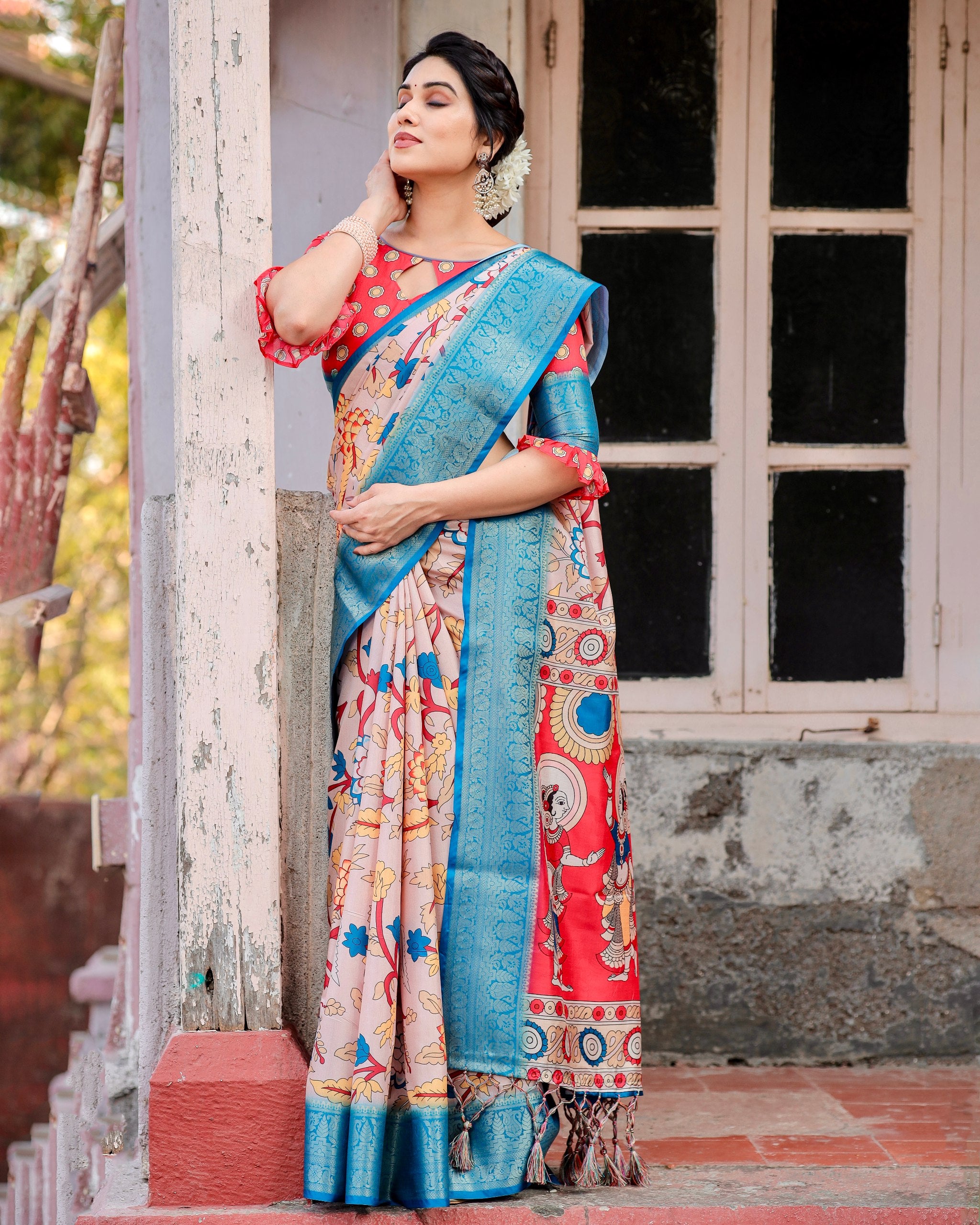 Pure Silk Digital Printed Saree with Brocade Blouse and Enchanting Tassels Colorful Saree