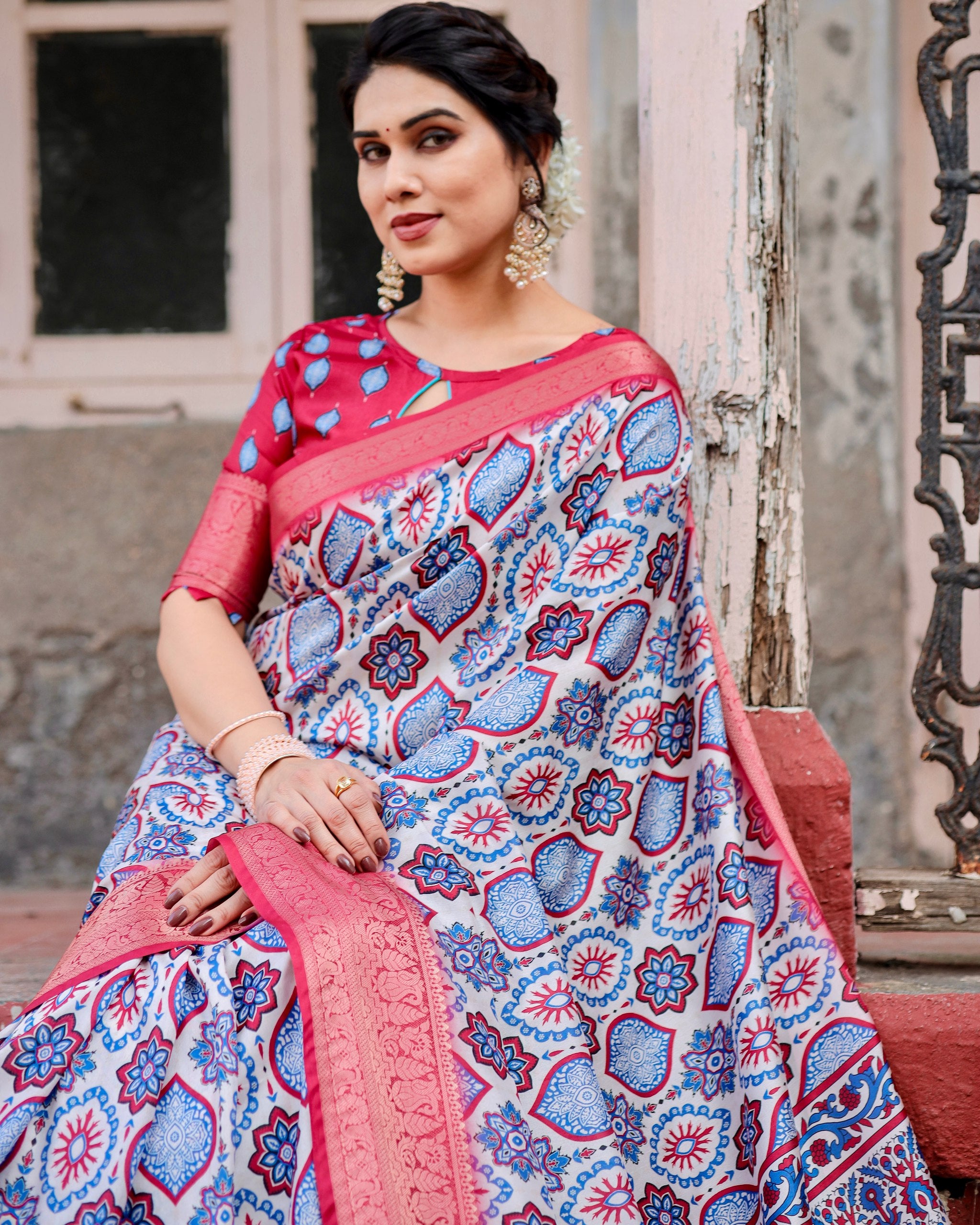 Pure Silk Digital Printed Saree with Brocade Blouse Colorful Saree