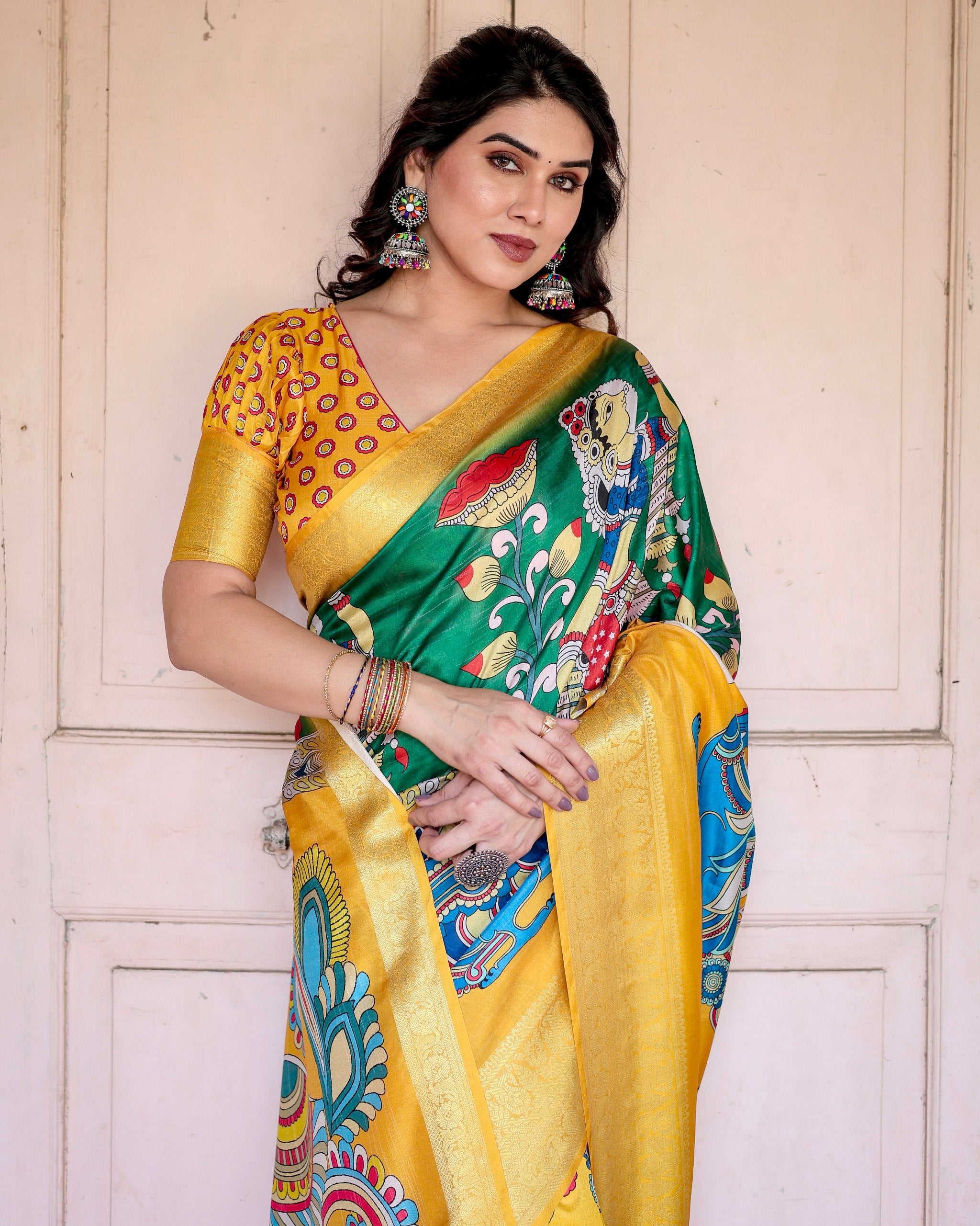 Pure Silk Digital Printed Saree with Brocade Blouse Colorful Saree