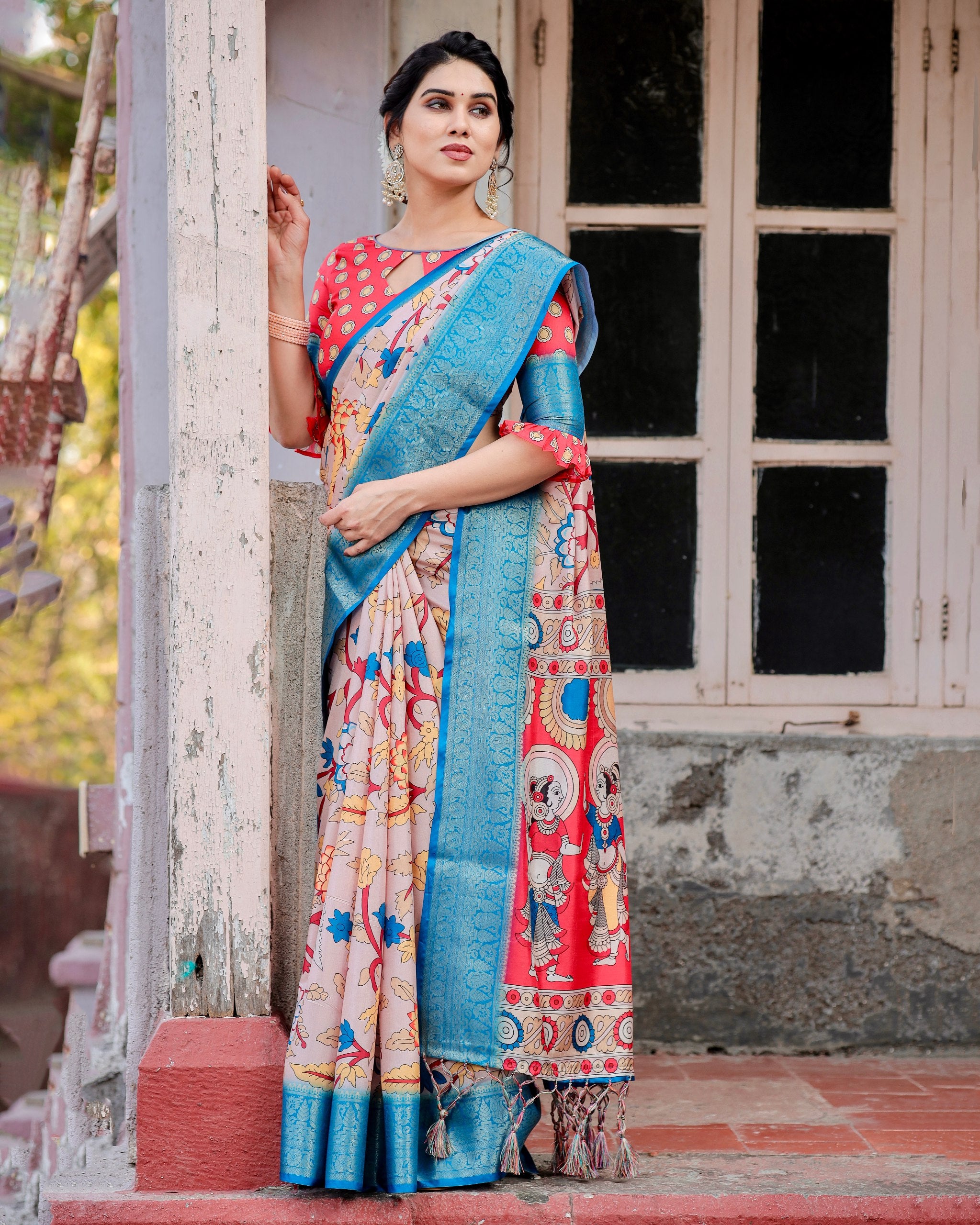 Pure Silk Digital Printed Saree with Brocade Blouse and Enchanting Tassels Colorful Saree