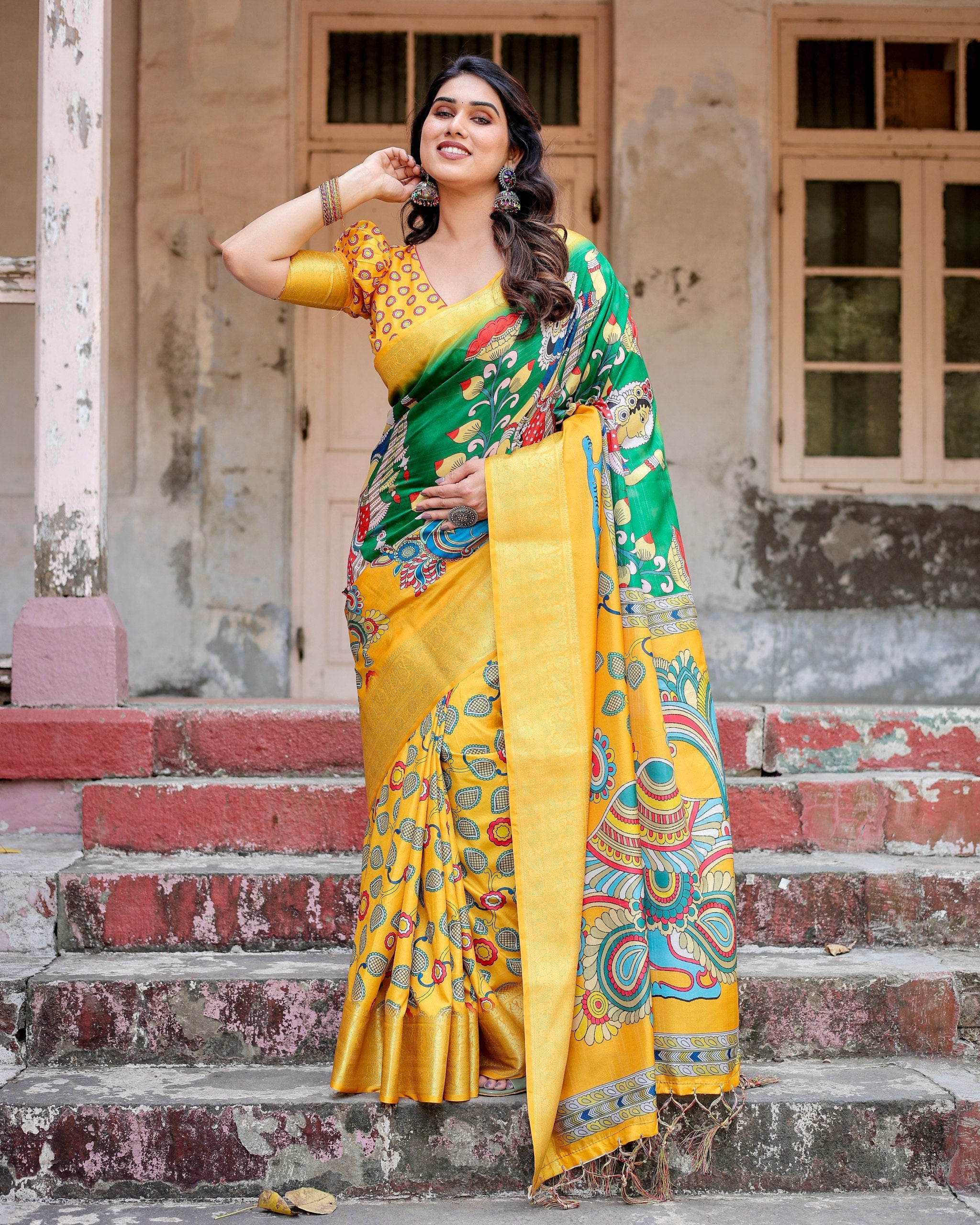 Pure Silk Digital Printed Saree with Brocade Blouse Colorful Saree