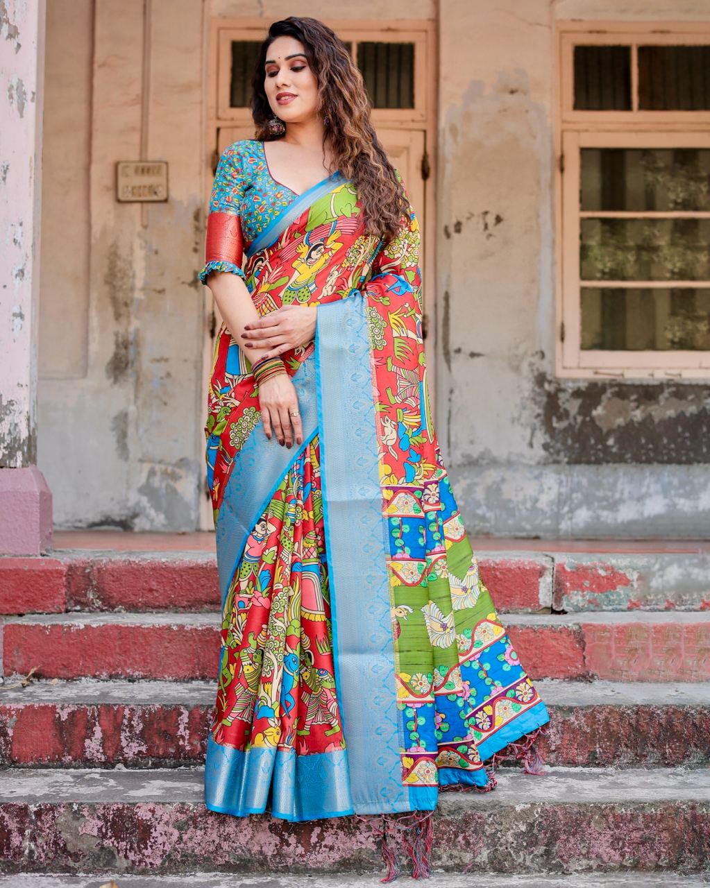 Pure Silk Digital Printed Saree with Brocade Blouse Colorful Saree