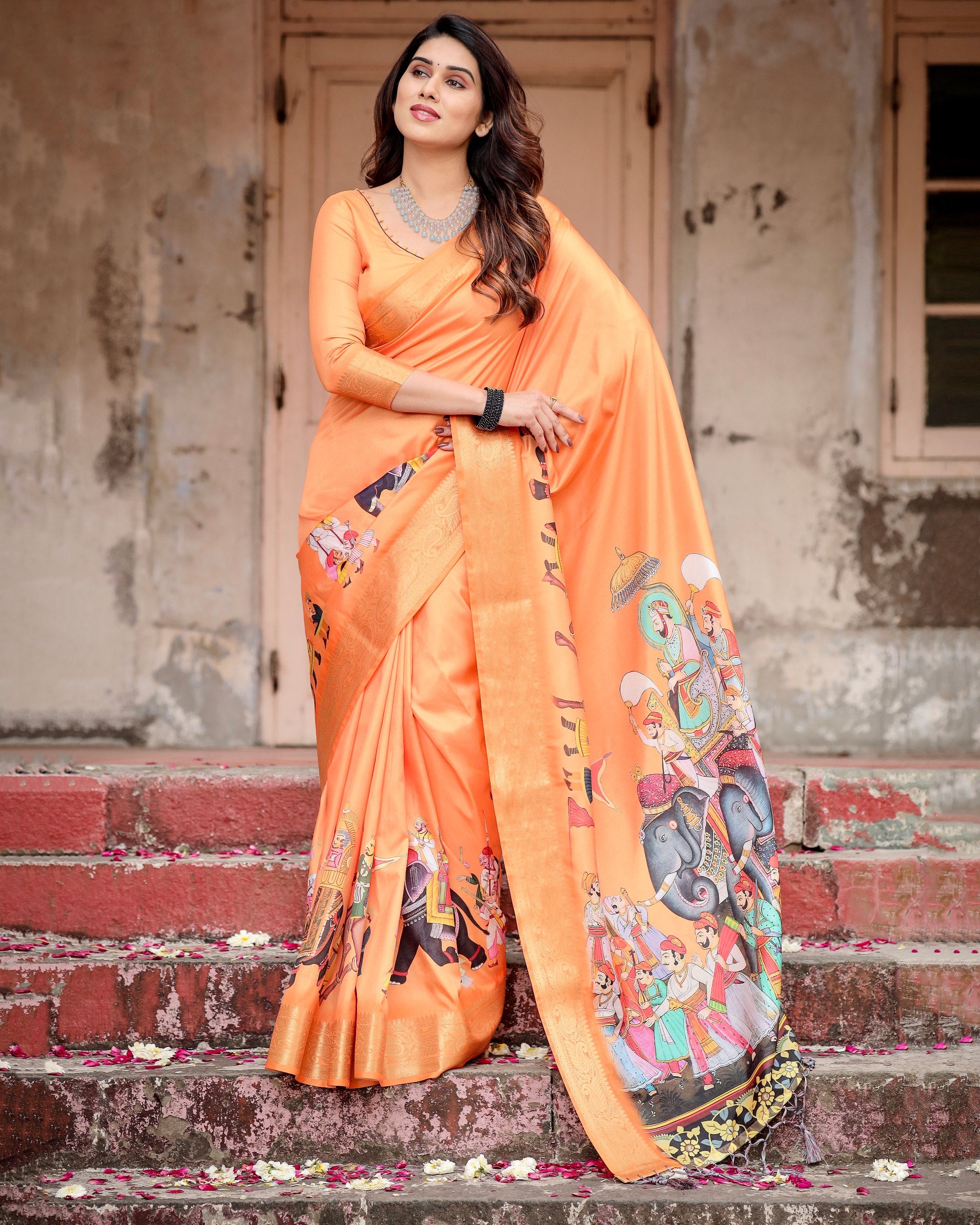 Pure Silk Digital Printed Saree with Brocade Blouse Colorful Saree