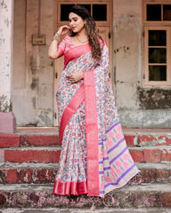 Pure Silk Digital Printed Saree with Brocade Blouse Colorful Saree