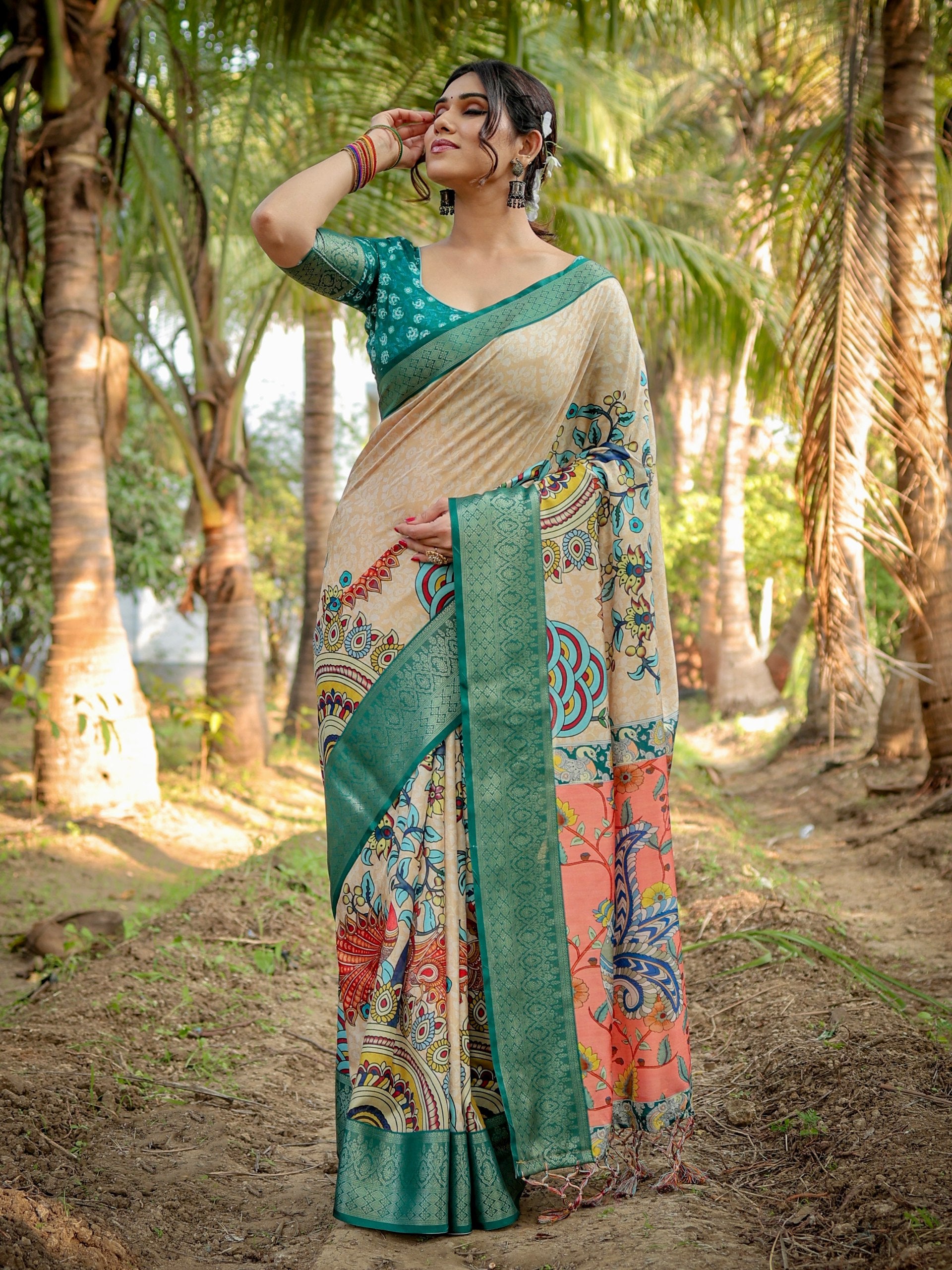 Pure Silk Digital Printed Saree with Brocade Blouse Colorful Saree