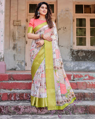 Pure Silk Digital Printed Saree with Brocade Blouse Colorful Saree