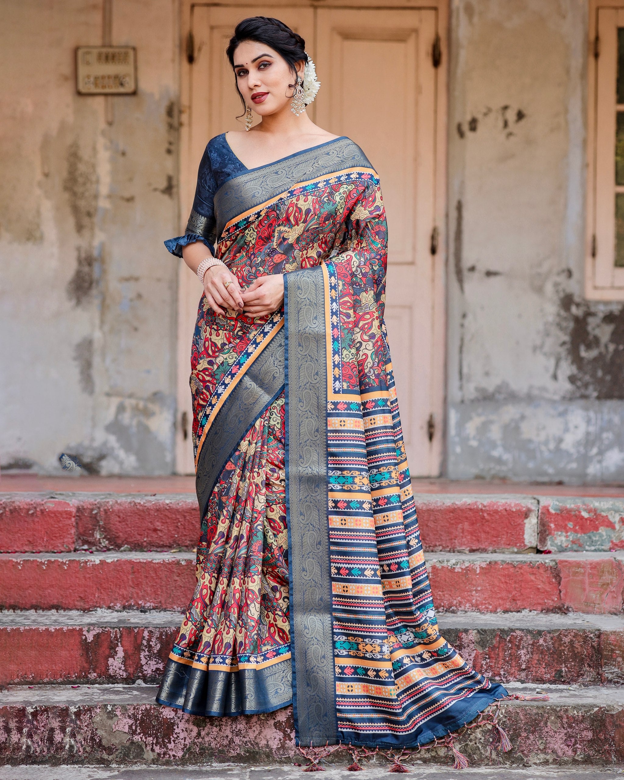 Pure Silk Digital Printed Saree with Brocade Blouse Colorful Saree