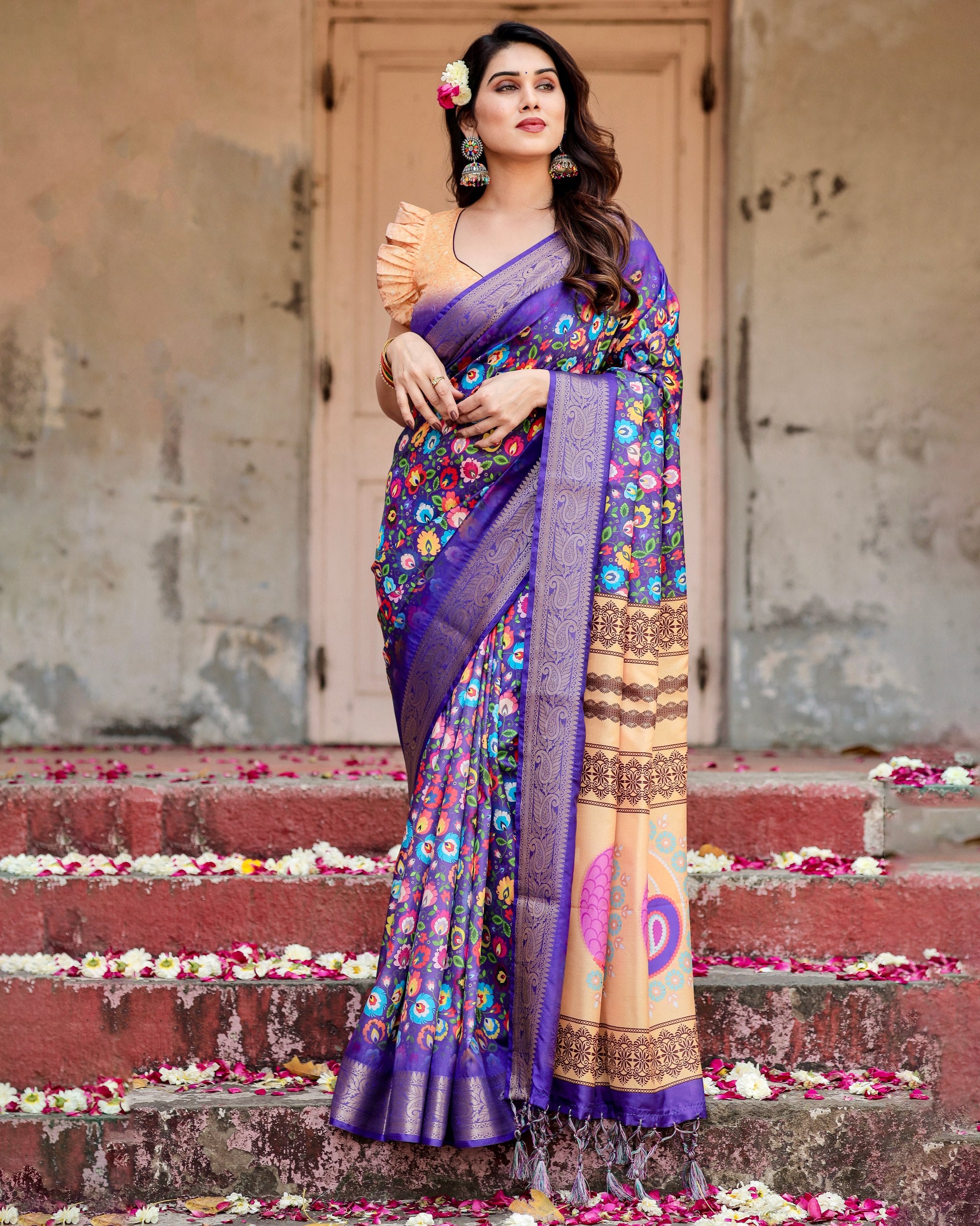 Pure Silk Digital Printed Saree with Brocade Blouse Colorful Saree