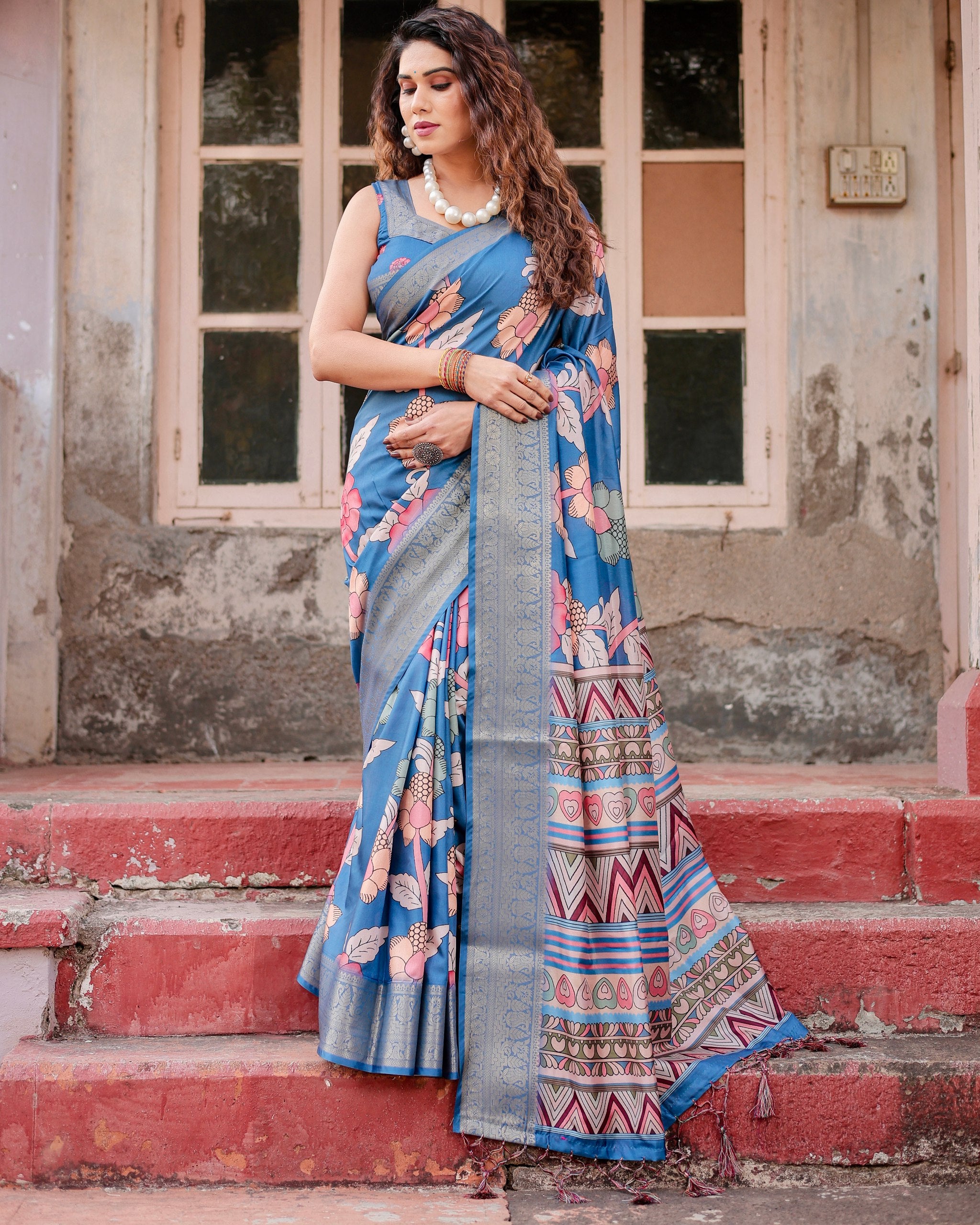 Pure Silk Digital Printed Saree with Brocade Blouse Colorful Saree