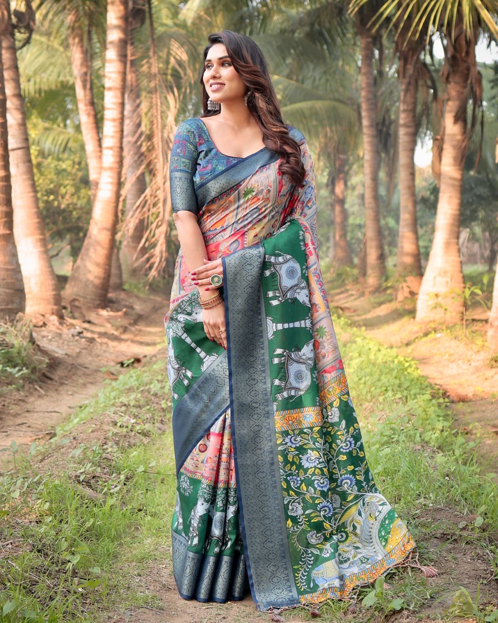 Pure Silk Digital Printed Saree with Brocade Blouse Colorful Saree