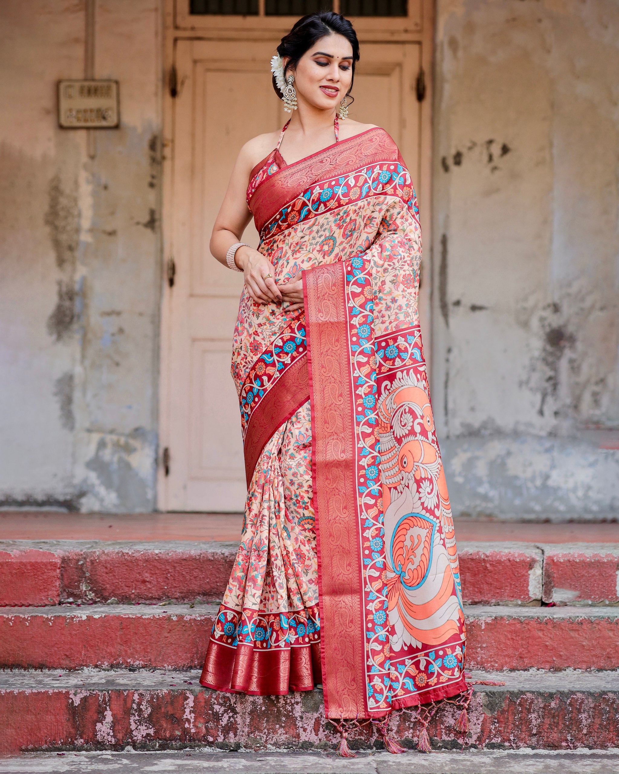 Pure Silk Digital Printed Saree with Brocade Blouse Colorful Saree