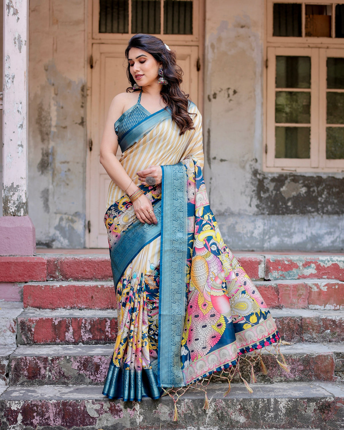 Pure Silk Digital Printed Saree with Brocade Blouse Colorful Saree