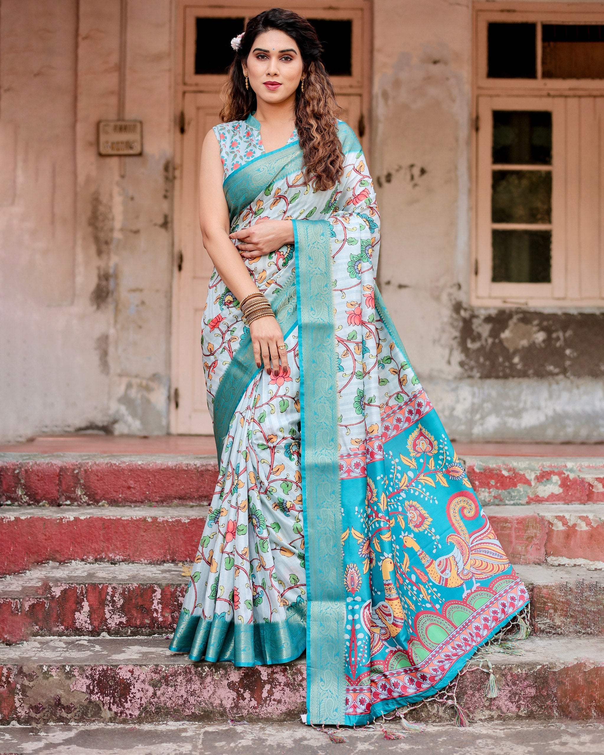 Pure Silk Digital Printed Saree with Brocade Blouse Colorful Saree