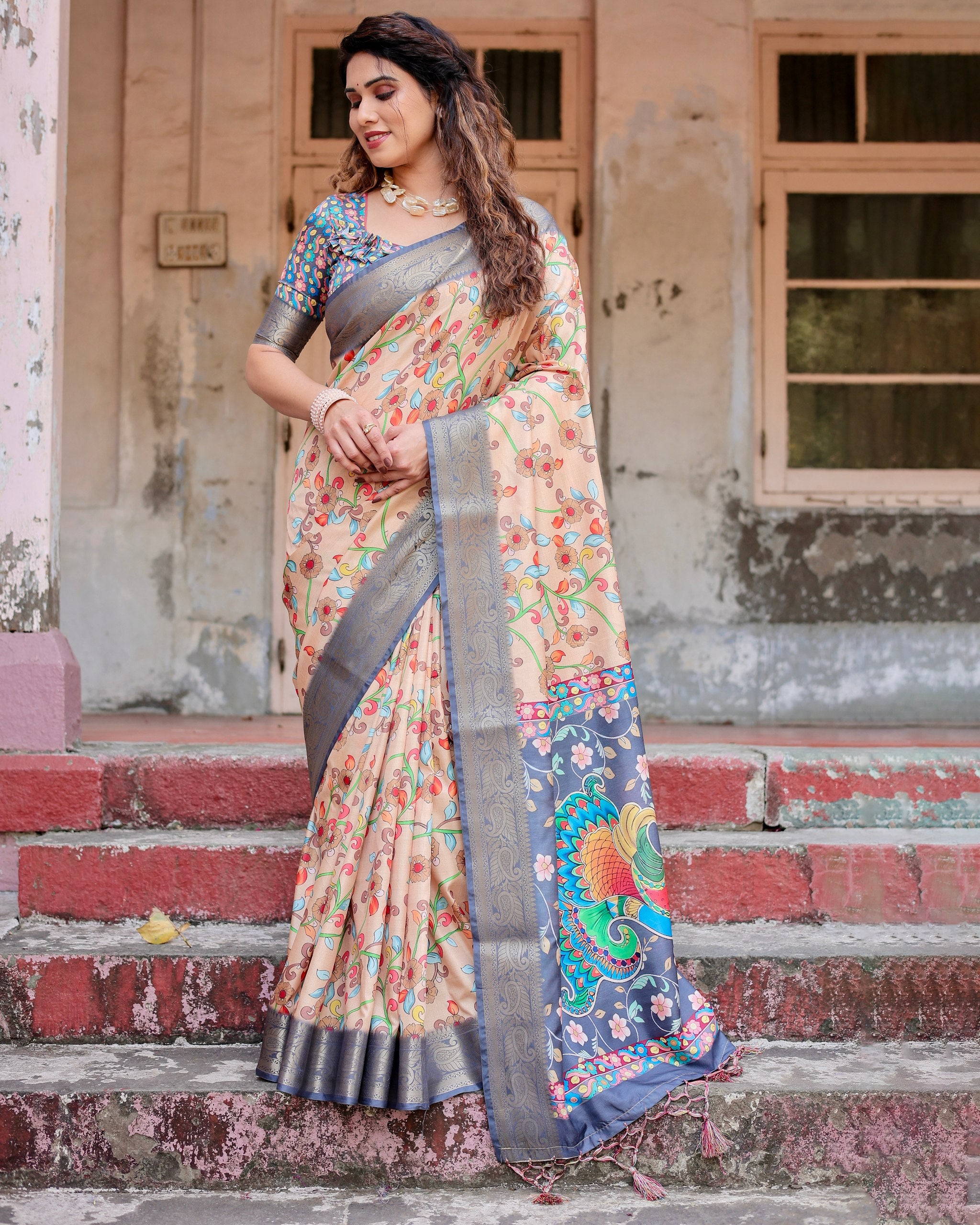 Pure Silk Digital Printed Saree with Brocade Blouse Colorful Saree